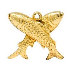 Jugendstil 14 Karat Gold gekreuzte Fische Fische Tierkreiszeichen Charme