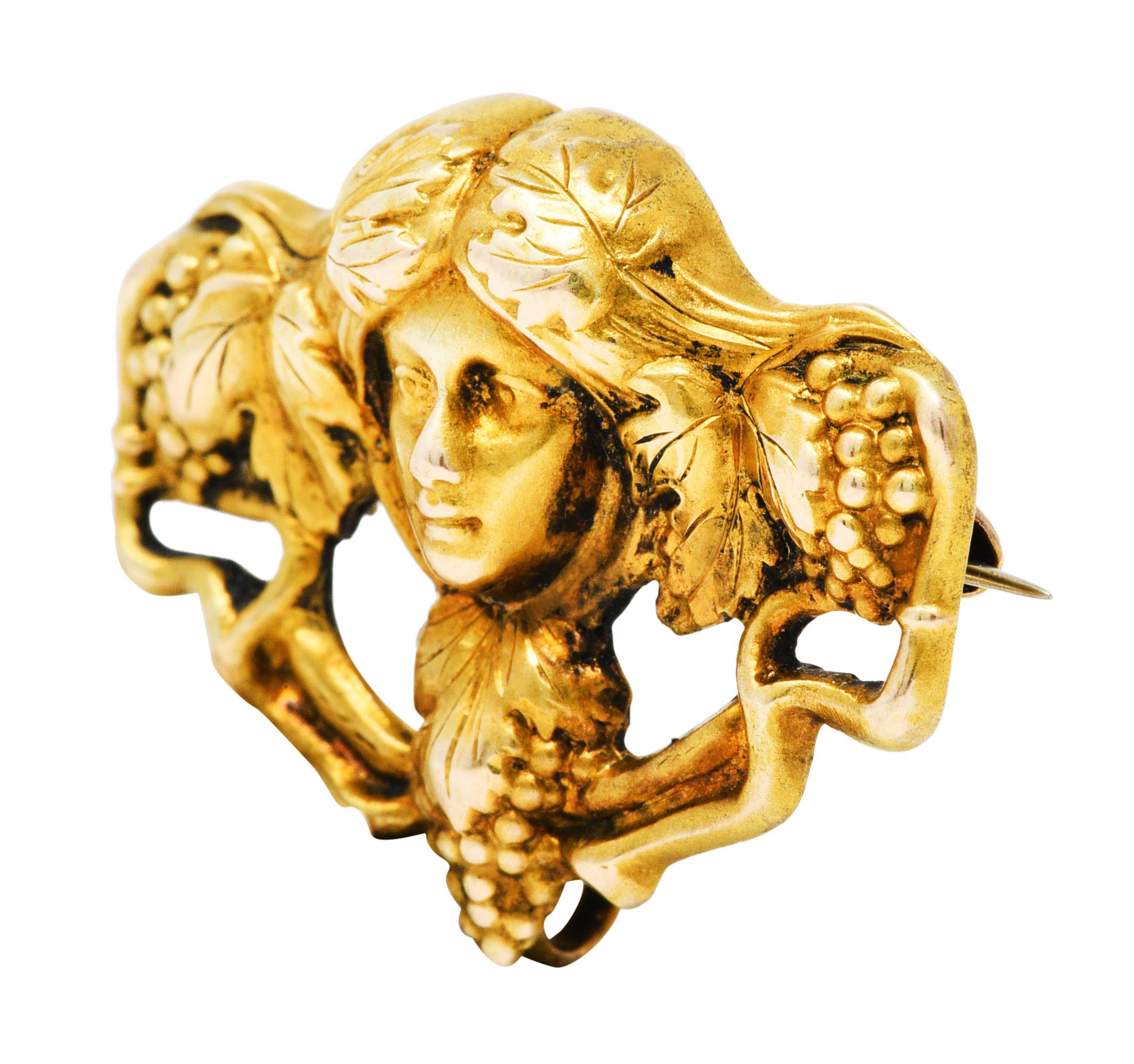 Art Nouveau 14 Karat Gold Dionysus Maenad Nymph Brooch 2