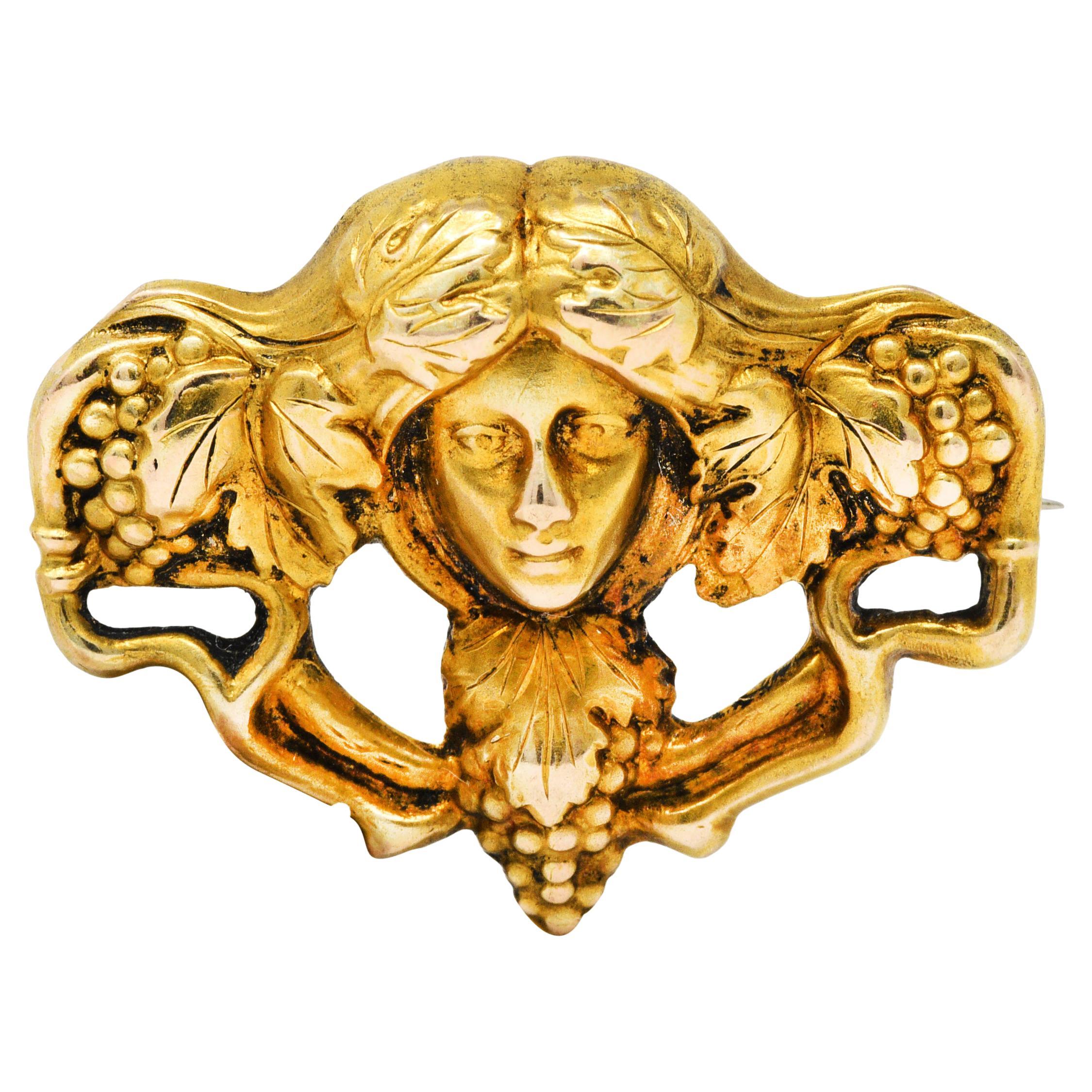 Art Nouveau 14 Karat Gold Dionysus Maenad Nymph Brooch