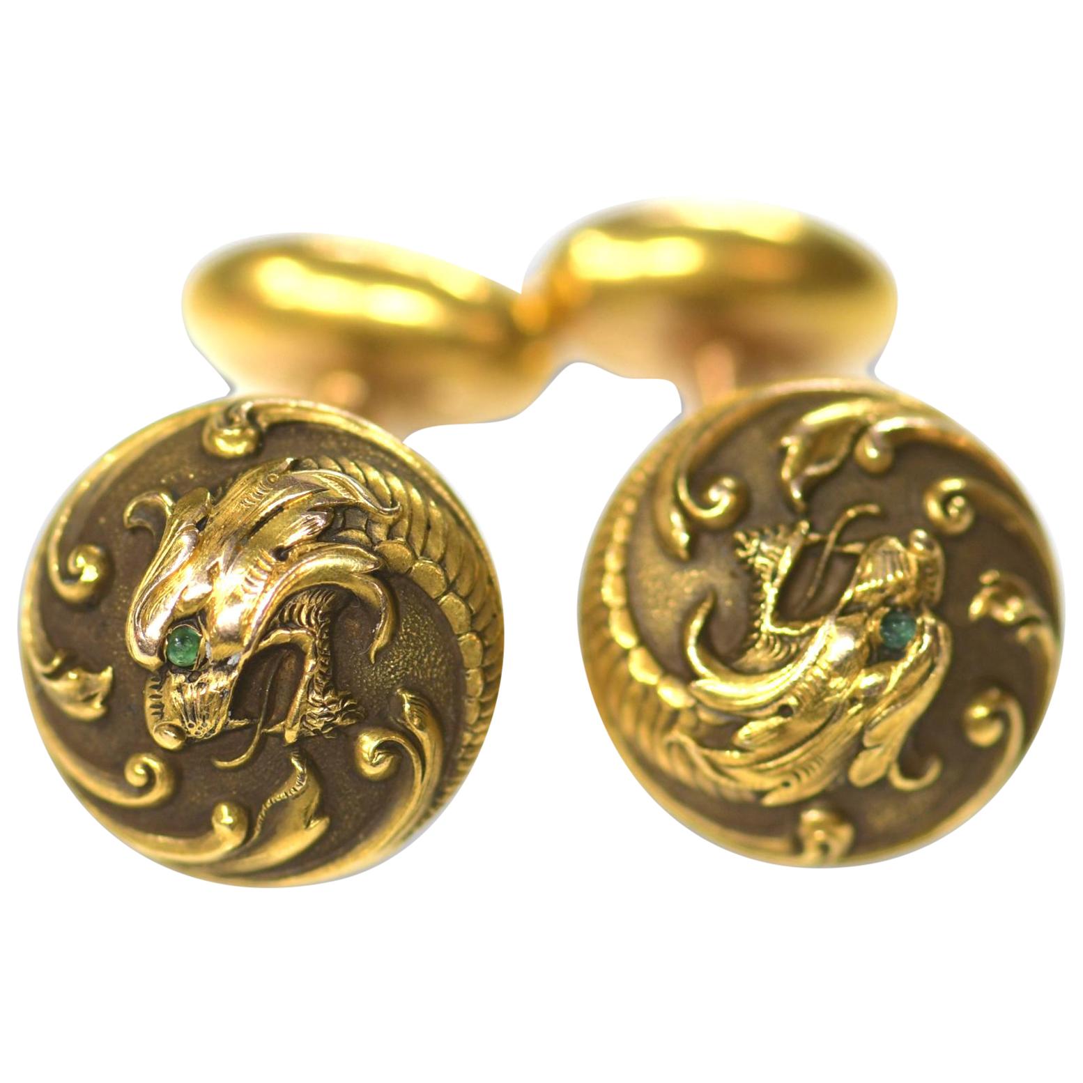 Art Nouveau 14 Karat Gold Dragon Cufflinks For Sale