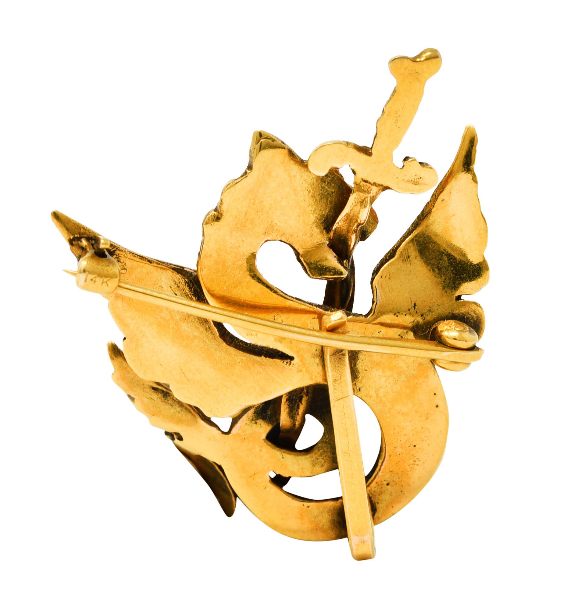 Women's or Men's Art Nouveau 14 Karat Gold Dragon Serpent Watch Pin Brooch
