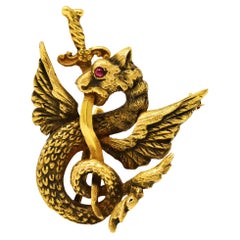 Art Nouveau 14 Karat Gold Dragon Serpent Watch Pin Brooch