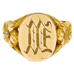 Antique Art Nouveau 14 Karat Gold Floral Monogram Unisex Signet Ring
