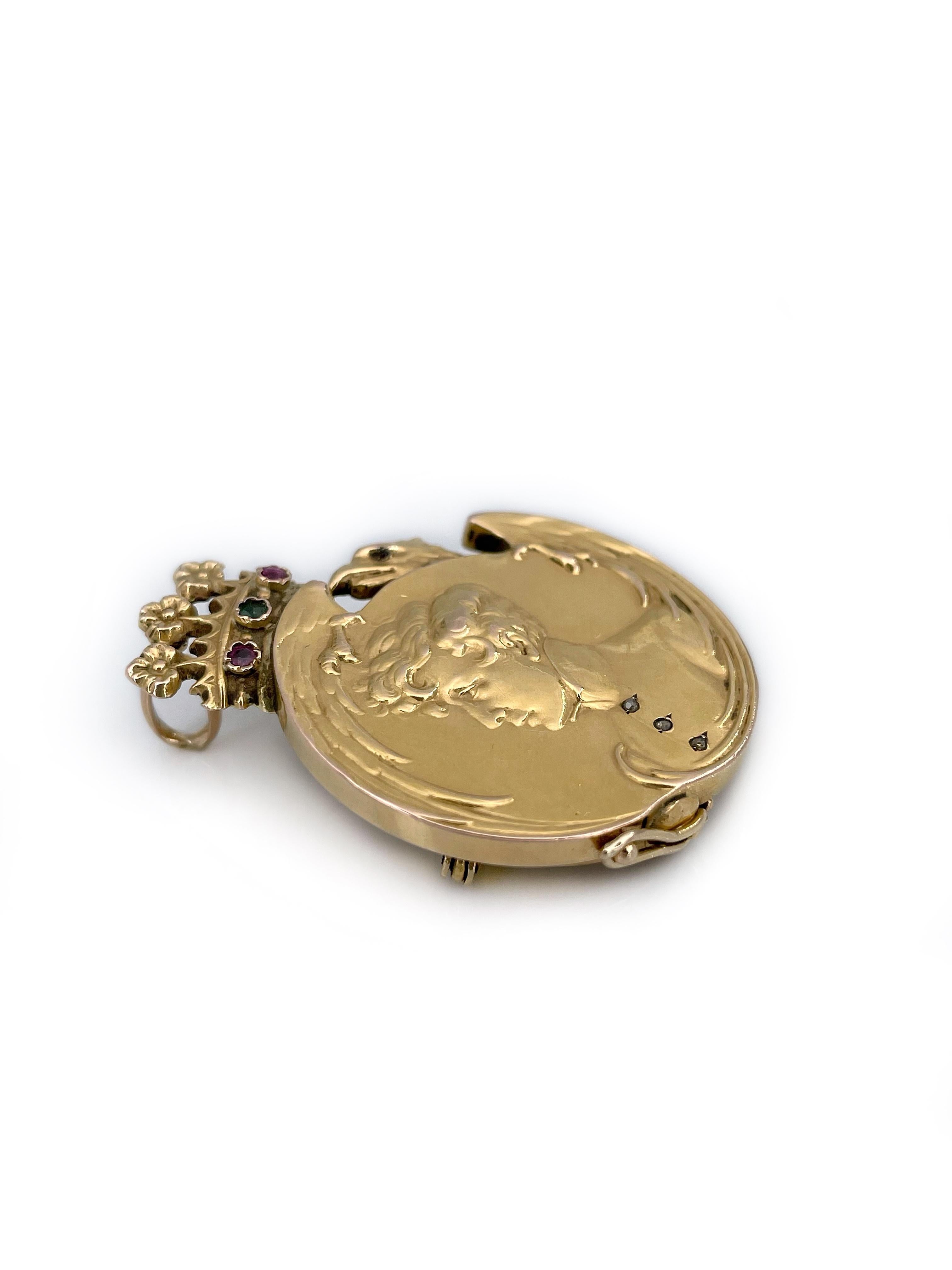 Taille mixte Broche pendentif Art Nouveau portrait couronne d'aigle Napoléon II en or 14 carats en vente