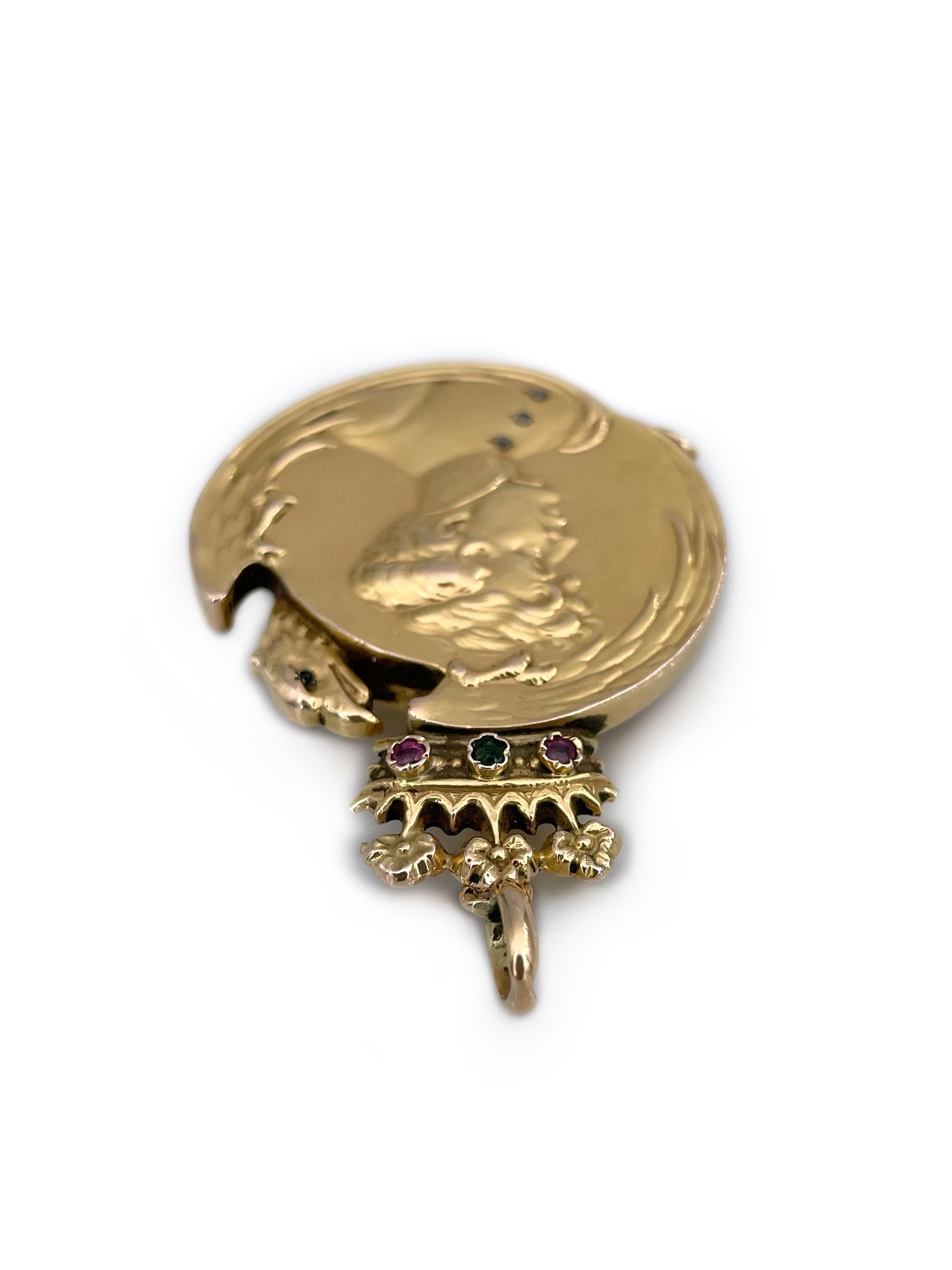 Broche pendentif Art Nouveau portrait couronne d'aigle Napoléon II en or 14 carats Bon état - En vente à Vilnius, LT