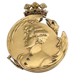 Antique Art Nouveau 14 Karat Gold Napoleon II Portrait Crown Eagle Locket Pendant Brooch