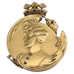 Antique Art Nouveau 14 Karat Gold Napoleon II Portrait Crown Eagle Locket Pendant Brooch