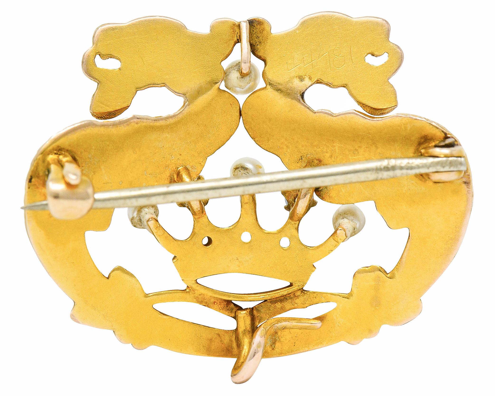 Round Cut Art Nouveau 14 Karat Gold Opal Pearl Winged Griffin Crown Brooch Watch Pin