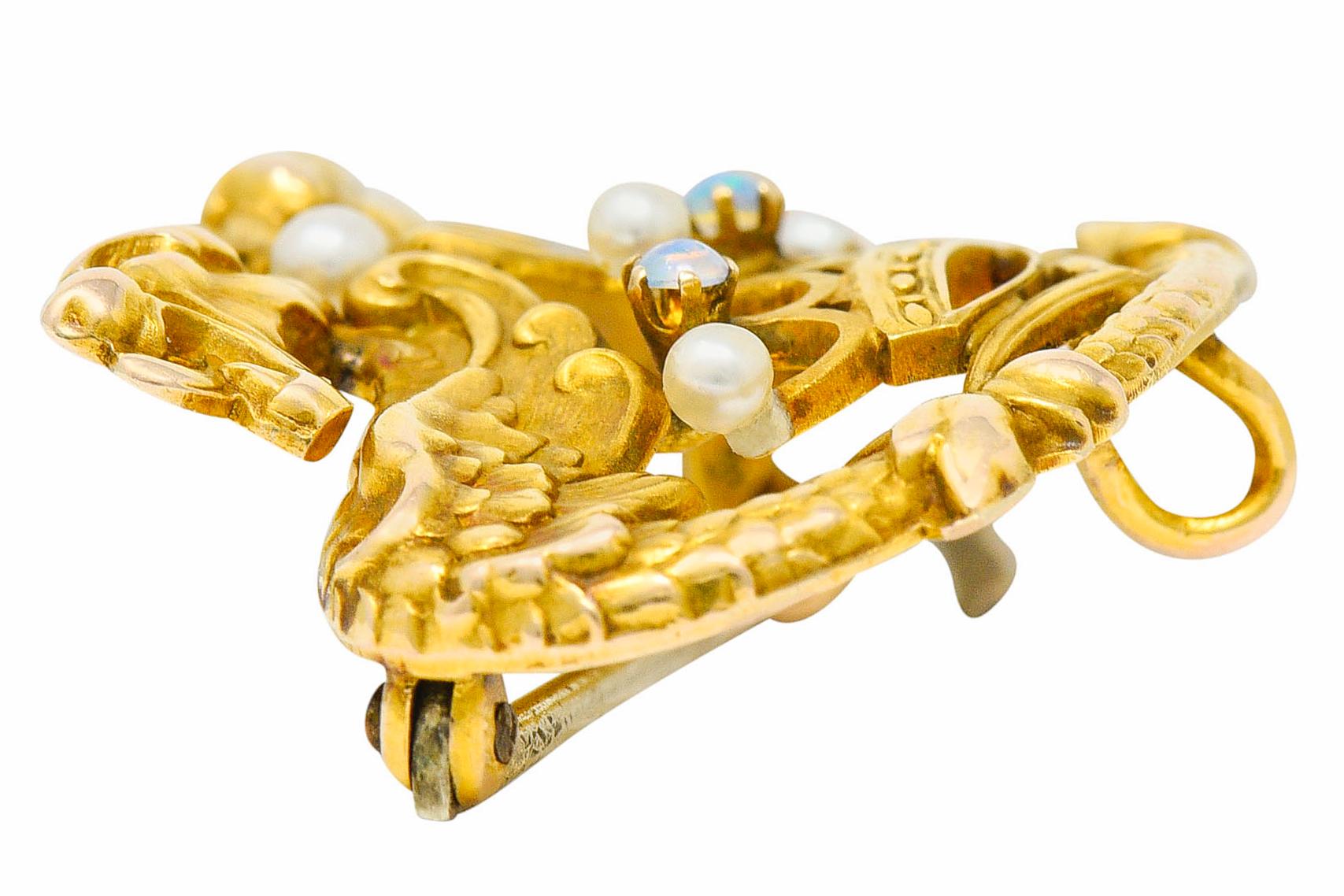Women's or Men's Art Nouveau 14 Karat Gold Opal Pearl Winged Griffin Crown Brooch Watch Pin