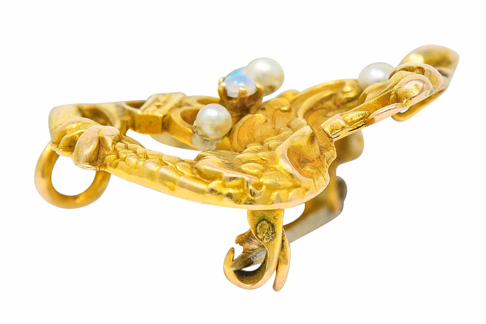 Art Nouveau 14 Karat Gold Opal Pearl Winged Griffin Crown Brooch Watch Pin 1