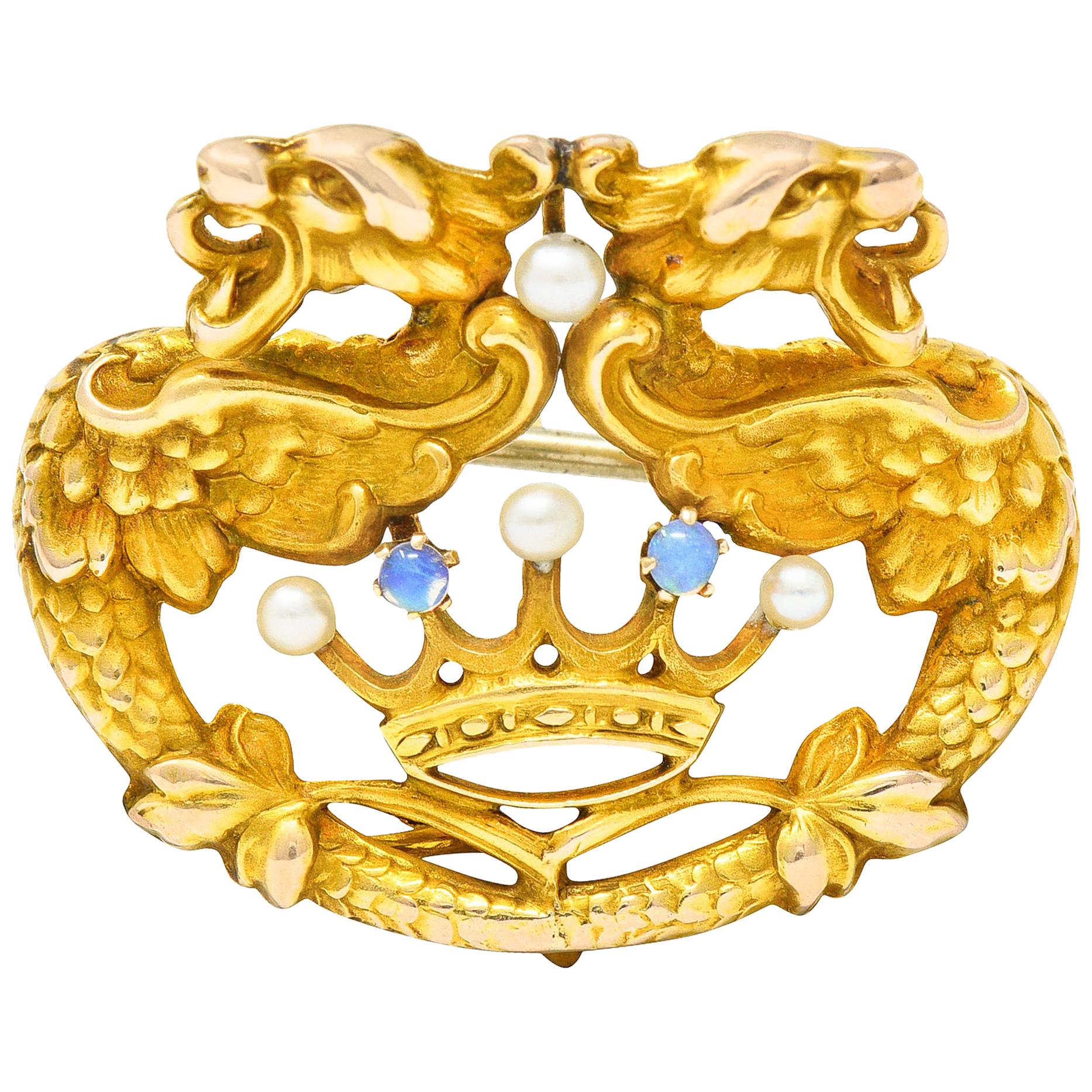 Art Nouveau 14 Karat Gold Opal Pearl Winged Griffin Crown Brooch Watch Pin