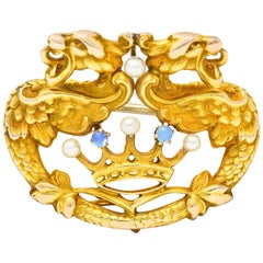Art Nouveau 14 Karat Gold Opal Pearl Winged Griffin Crown Brooch Watch Pin