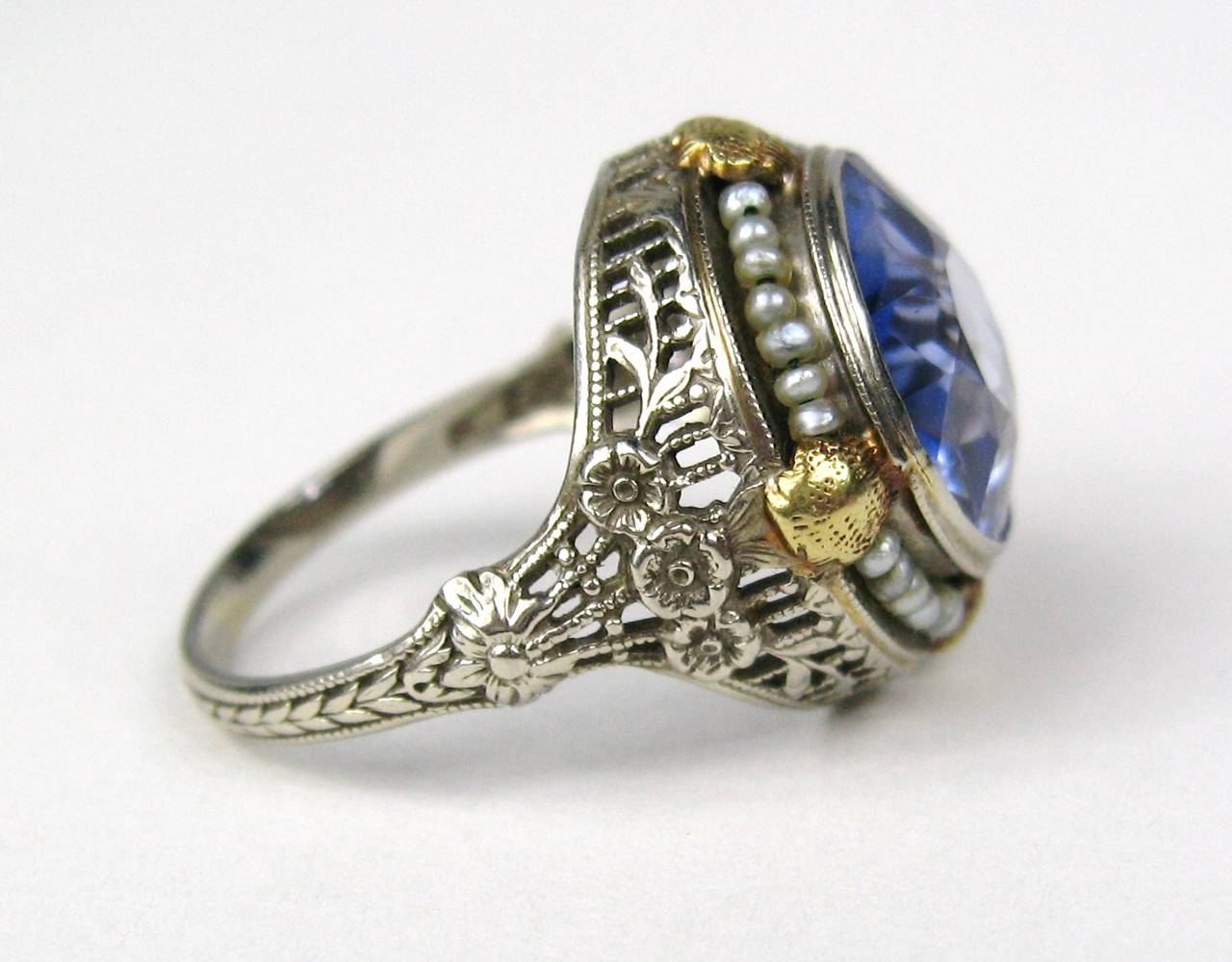 14 Karat Gold Ring Blaue Saatperle Art Nouveau (Art nouveau) im Angebot