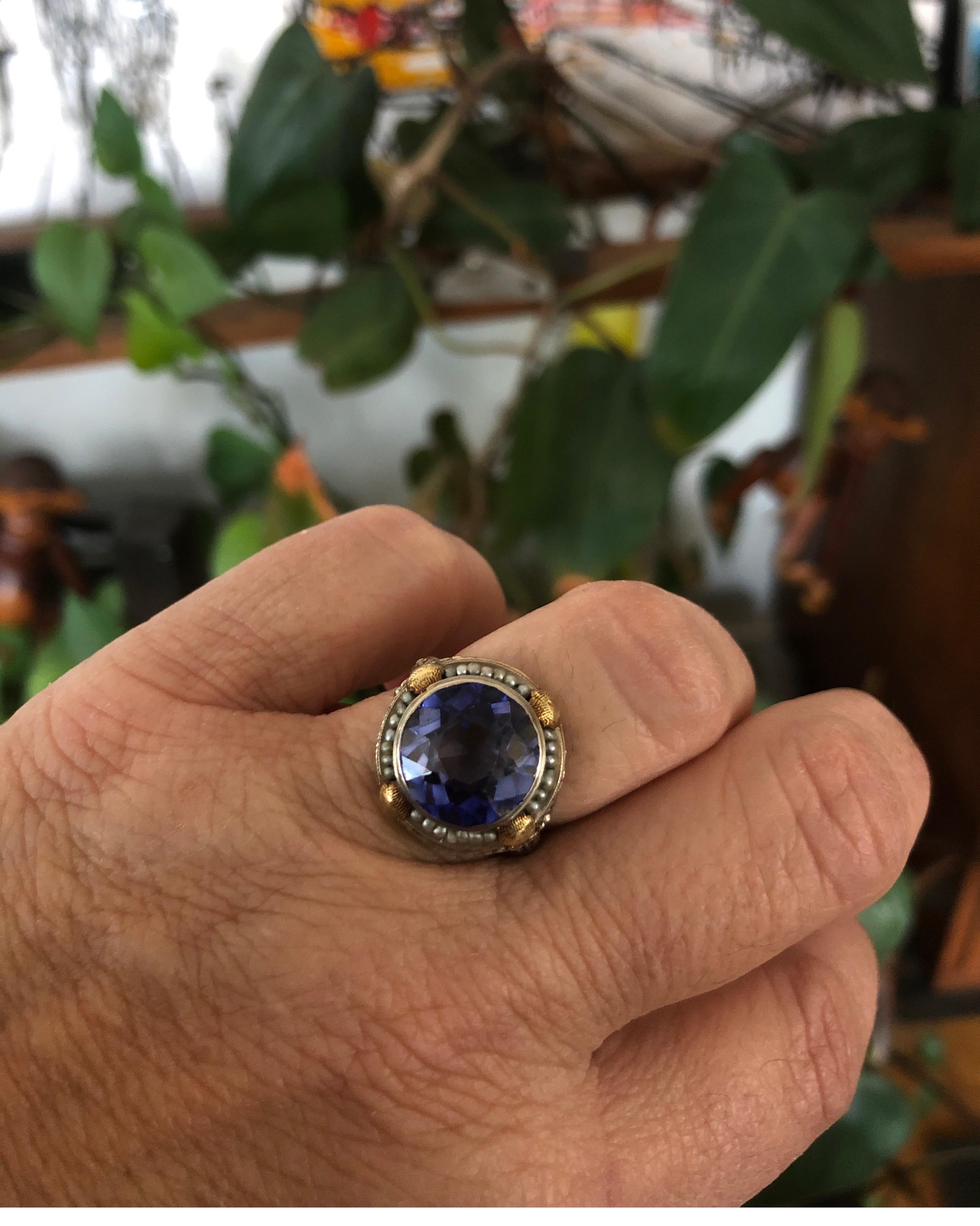 14 Karat Gold Ring Blue Seed Pearl Art Nouveau For Sale 1