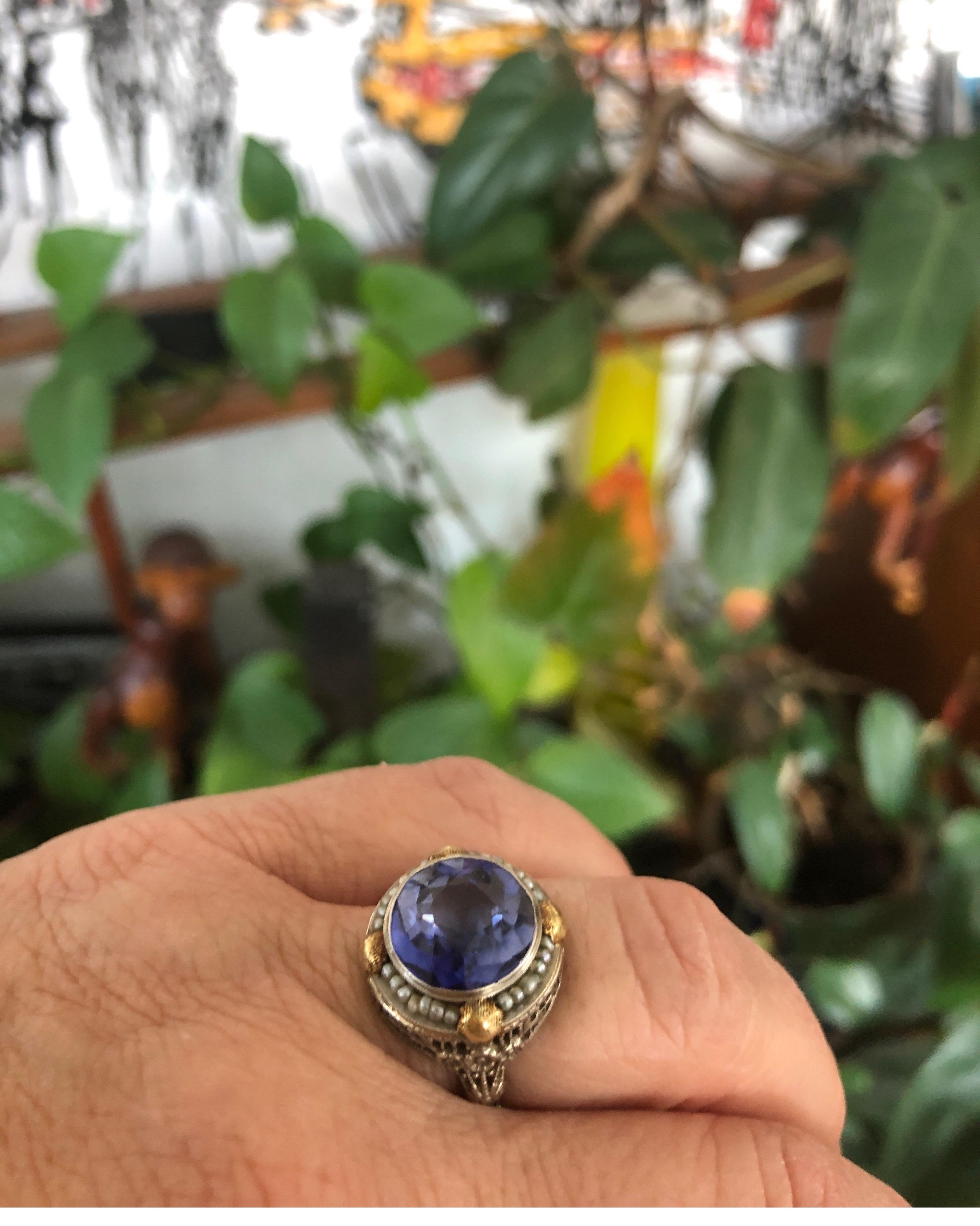 14 Karat Gold Ring Blue Seed Pearl Art Nouveau For Sale 2