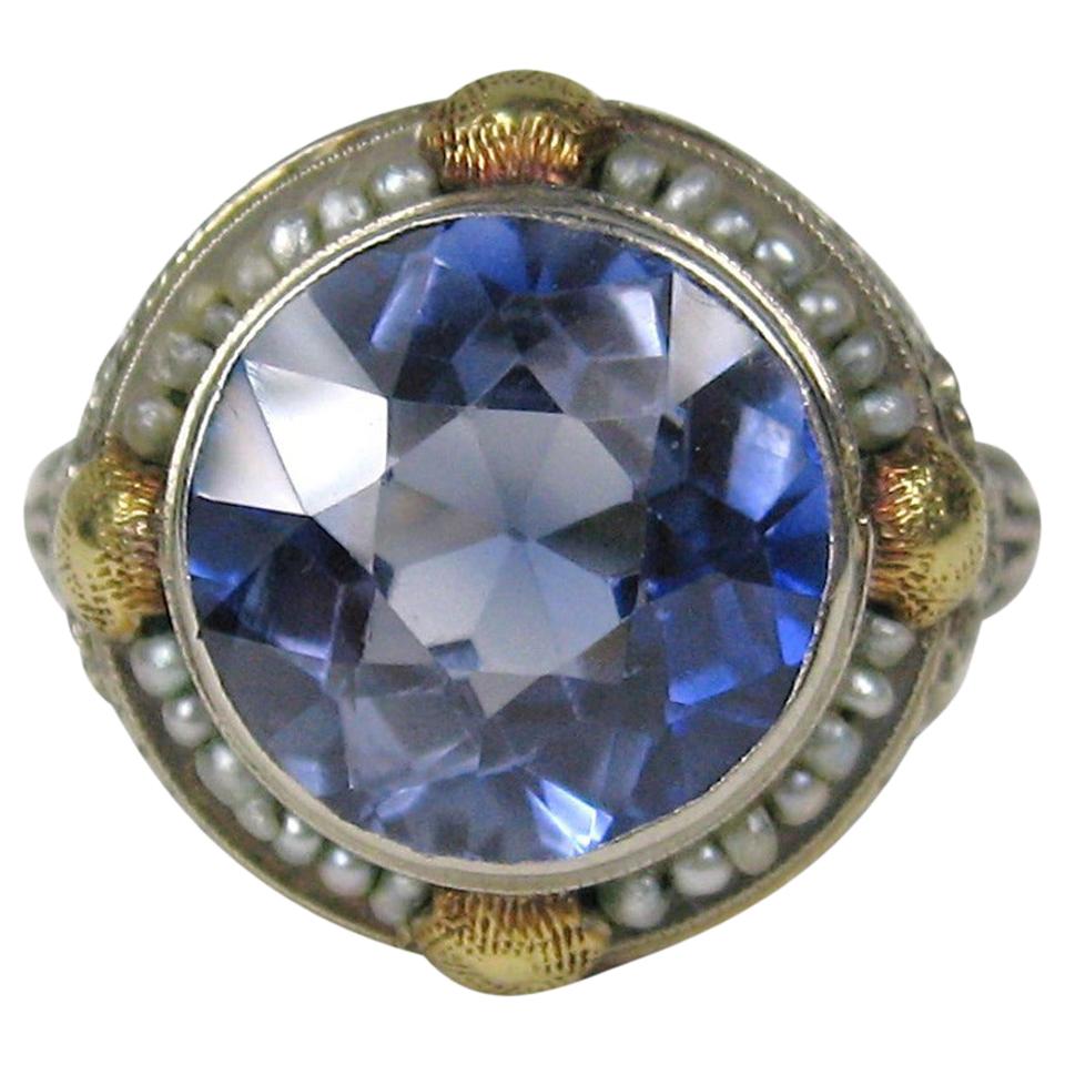 14 Karat Gold Ring Blue Seed Pearl Art Nouveau
