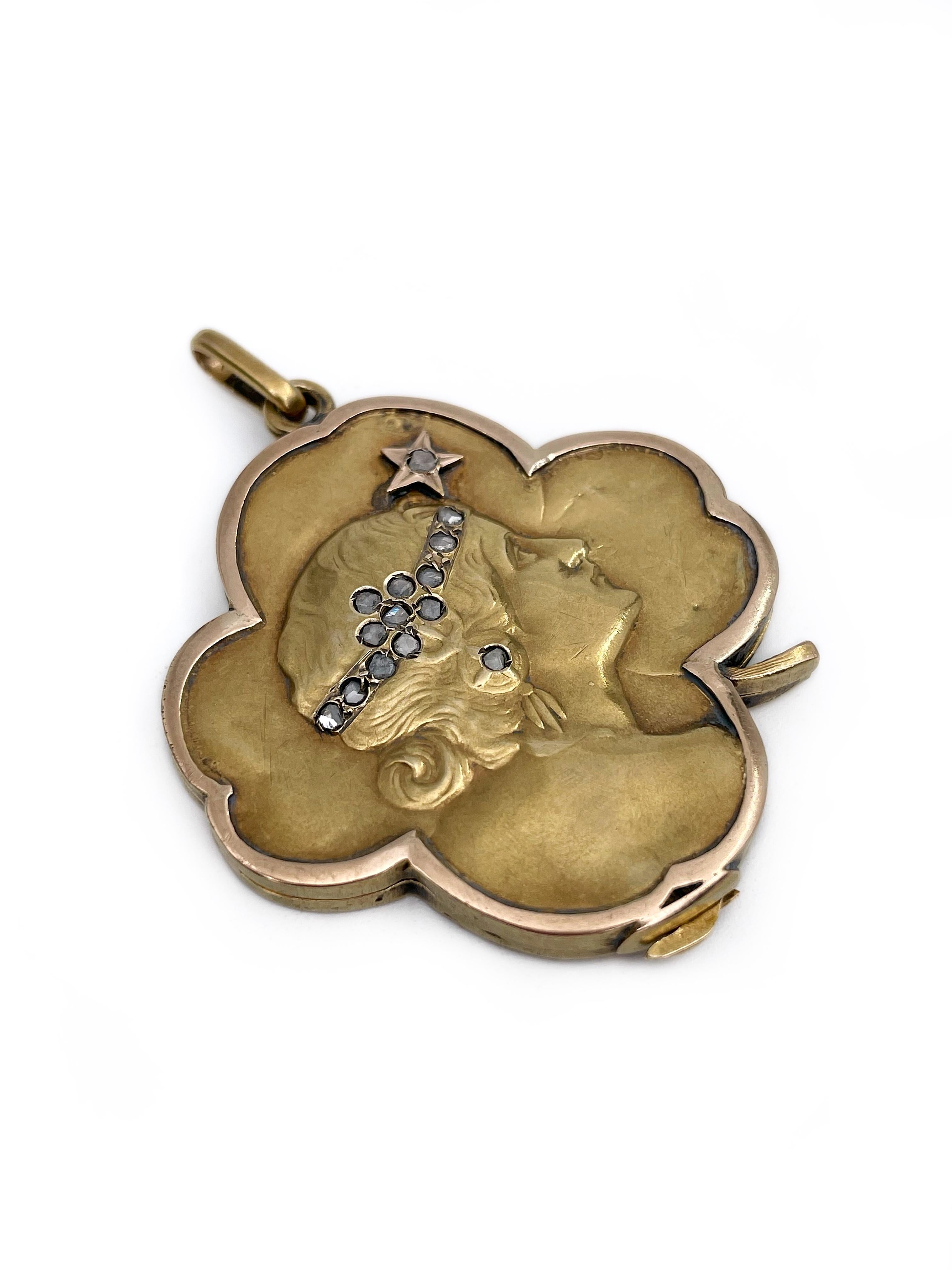 Art Nouveau 14 Karat Gold Rose Cut Diamond Lady Clover Locket Pendant 1