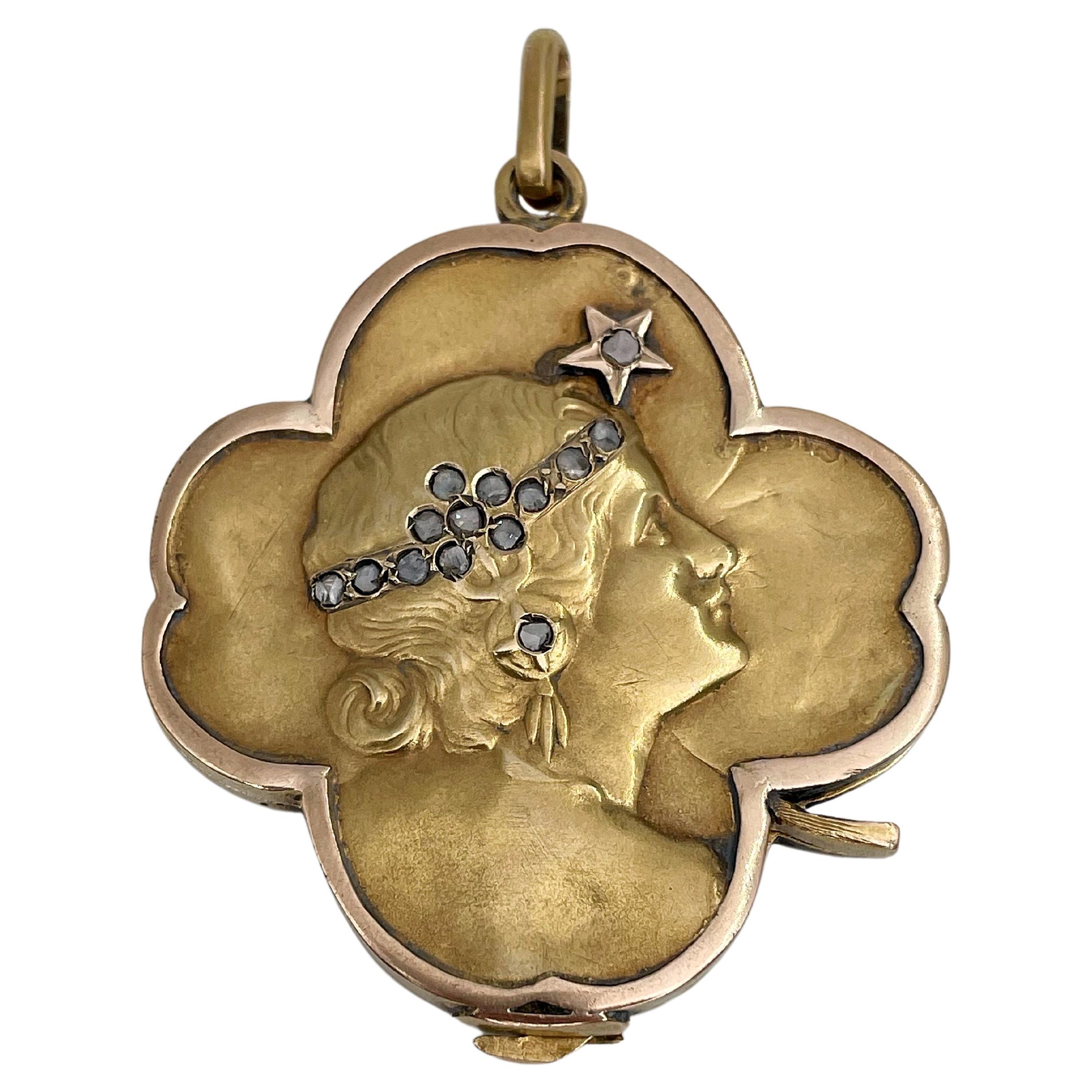 Art Nouveau 14 Karat Gold Rose Cut Diamond Lady Clover Locket Pendant