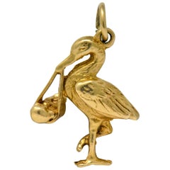 Antique Art Nouveau 14 Karat Gold Stork Delivering Baby Realistic Charm