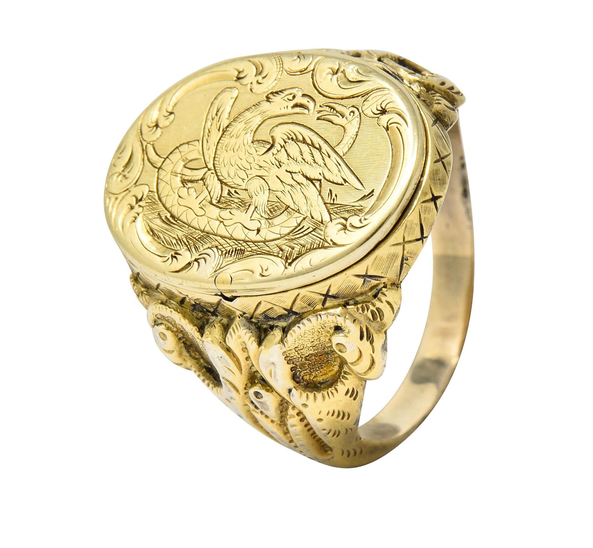 Art Nouveau 14 Karat Gold Unisex Eagle & Snake Portrait Signet Ring 8