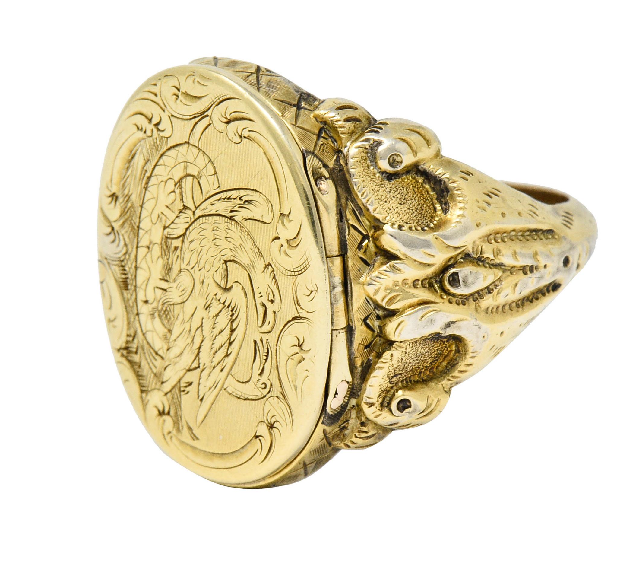 Art Nouveau 14 Karat Gold Unisex Eagle & Snake Portrait Signet Ring 1