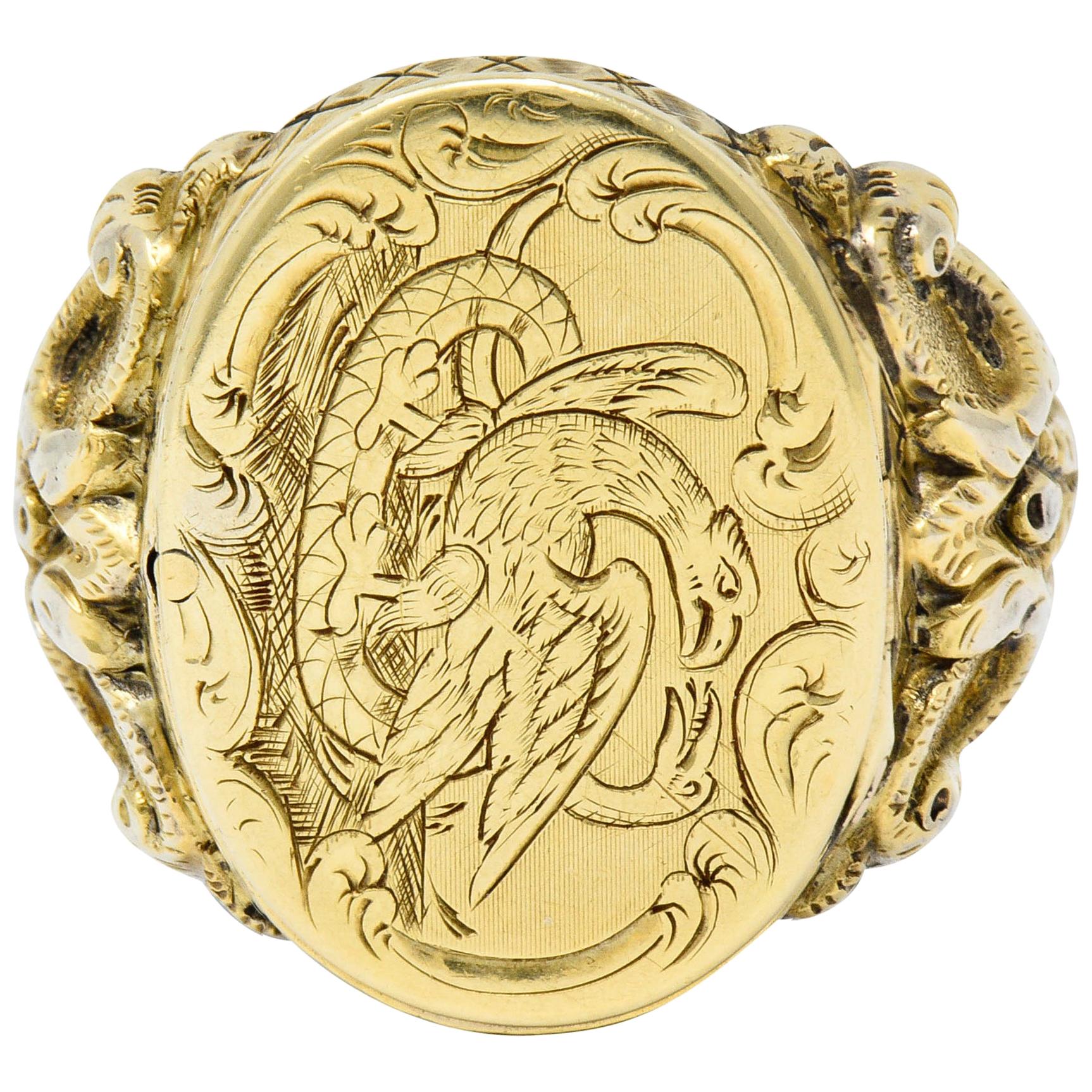 Art Nouveau 14 Karat Gold Unisex Eagle & Snake Portrait Signet Ring
