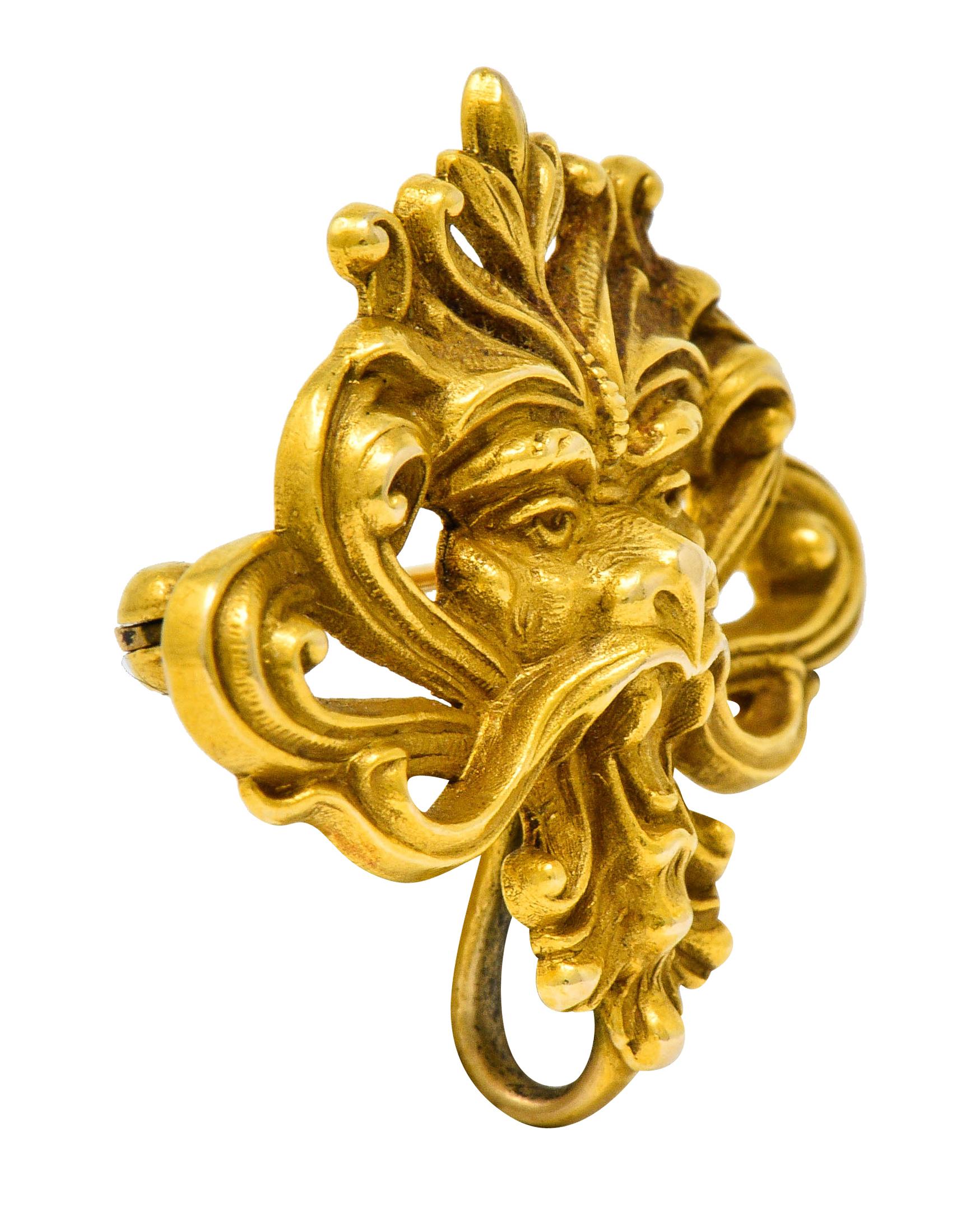 Art Nouveau 14 Karat Gold Whiplash Lion Brooch, circa 1905 In Excellent Condition In Philadelphia, PA