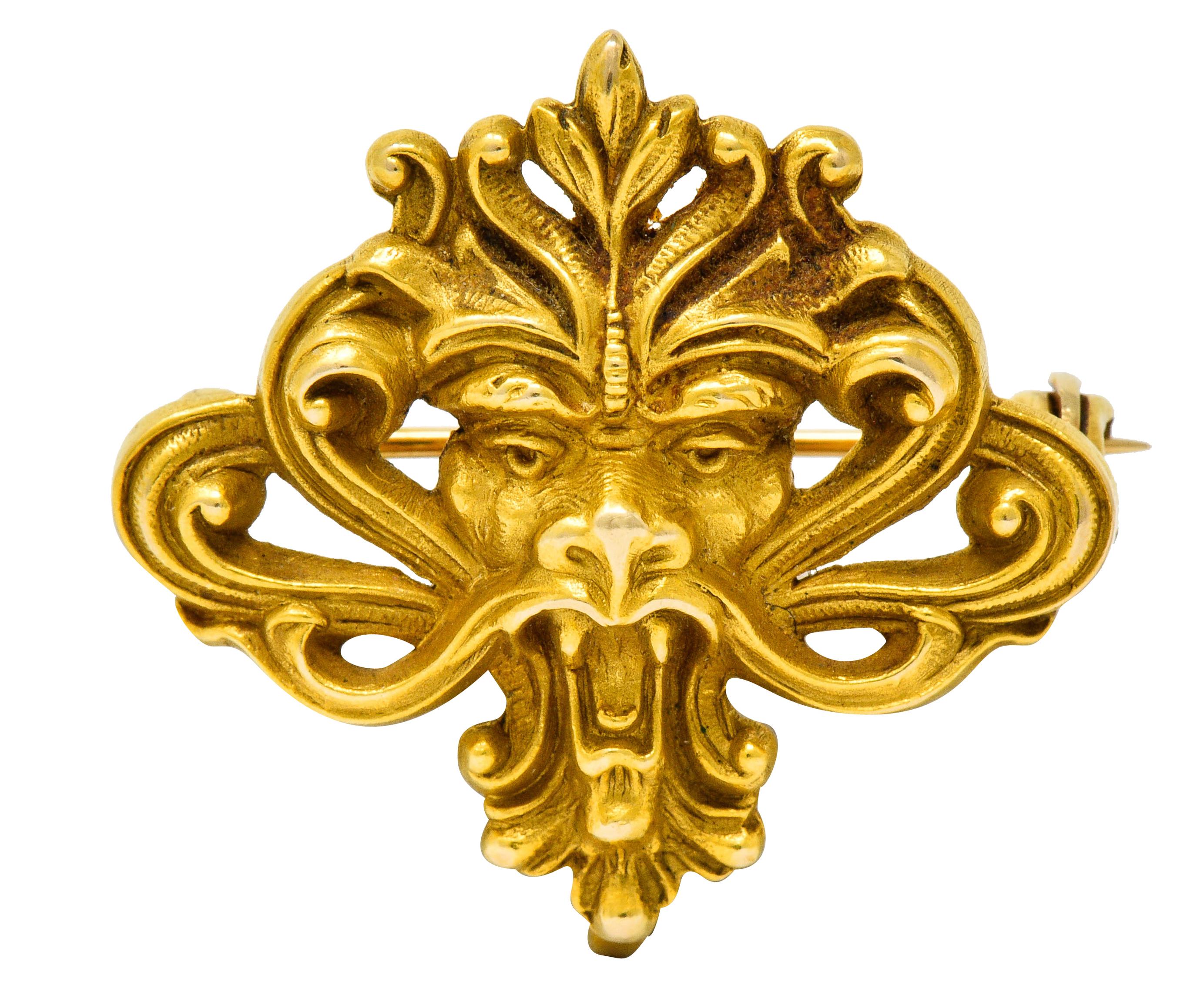 Art Nouveau 14 Karat Gold Whiplash Lion Brooch, circa 1905 1