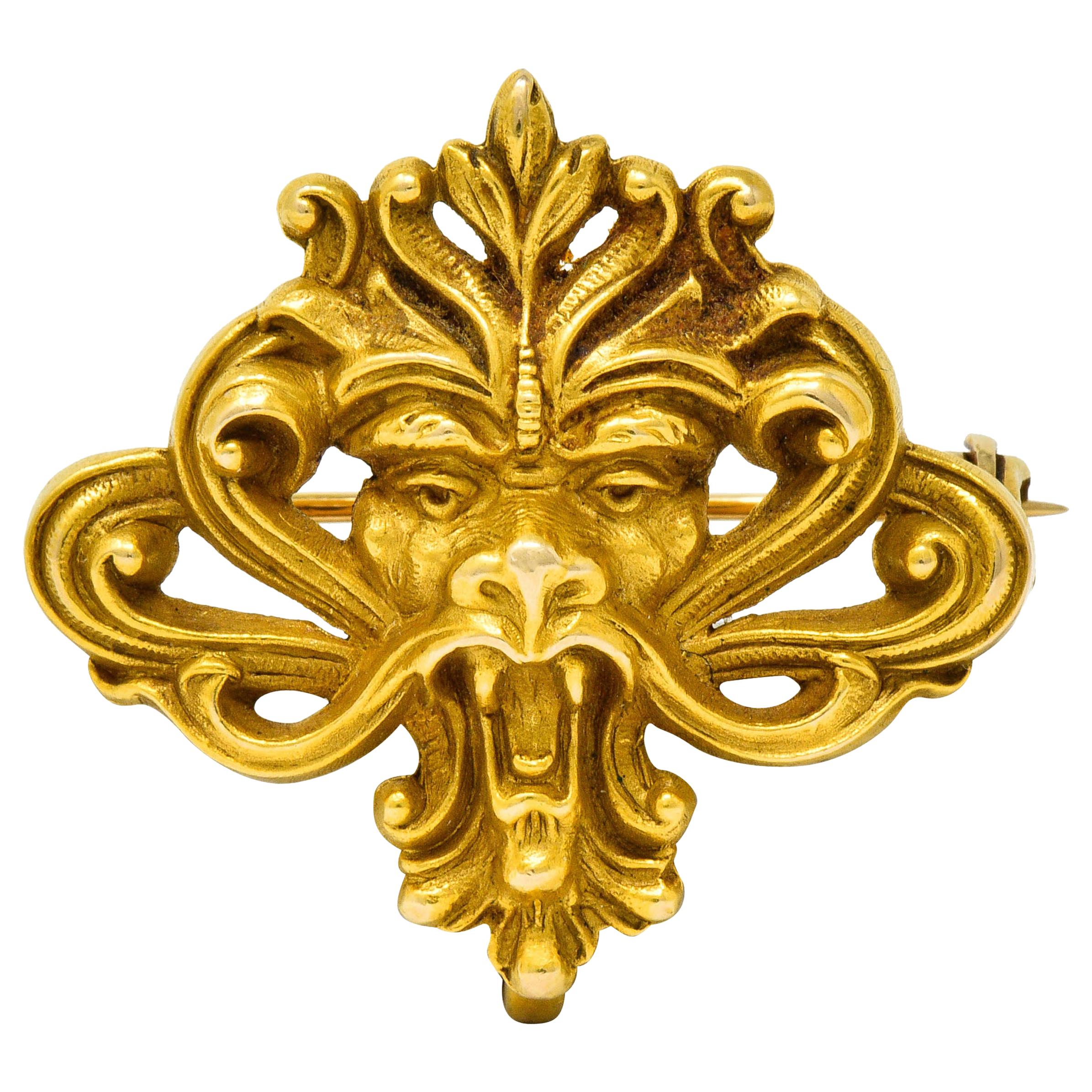 Art Nouveau 14 Karat Gold Whiplash Lion Brooch, circa 1905