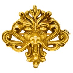 Antique Art Nouveau 14 Karat Gold Whiplash Lion Brooch, circa 1905