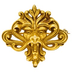 Art Nouveau 14 Karat Gold Whiplash Lion Brooch, circa 1905