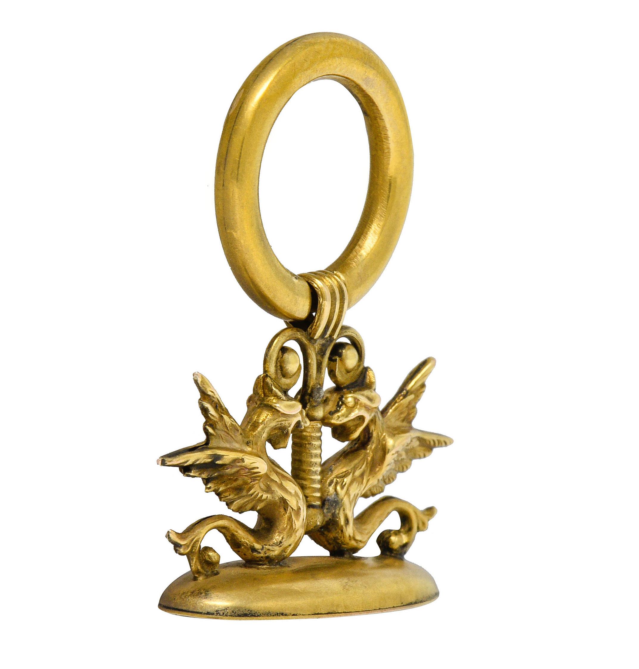 Art Nouveau 14 Karat Gold Winged Serpent Fob Pendant Charm In Excellent Condition In Philadelphia, PA