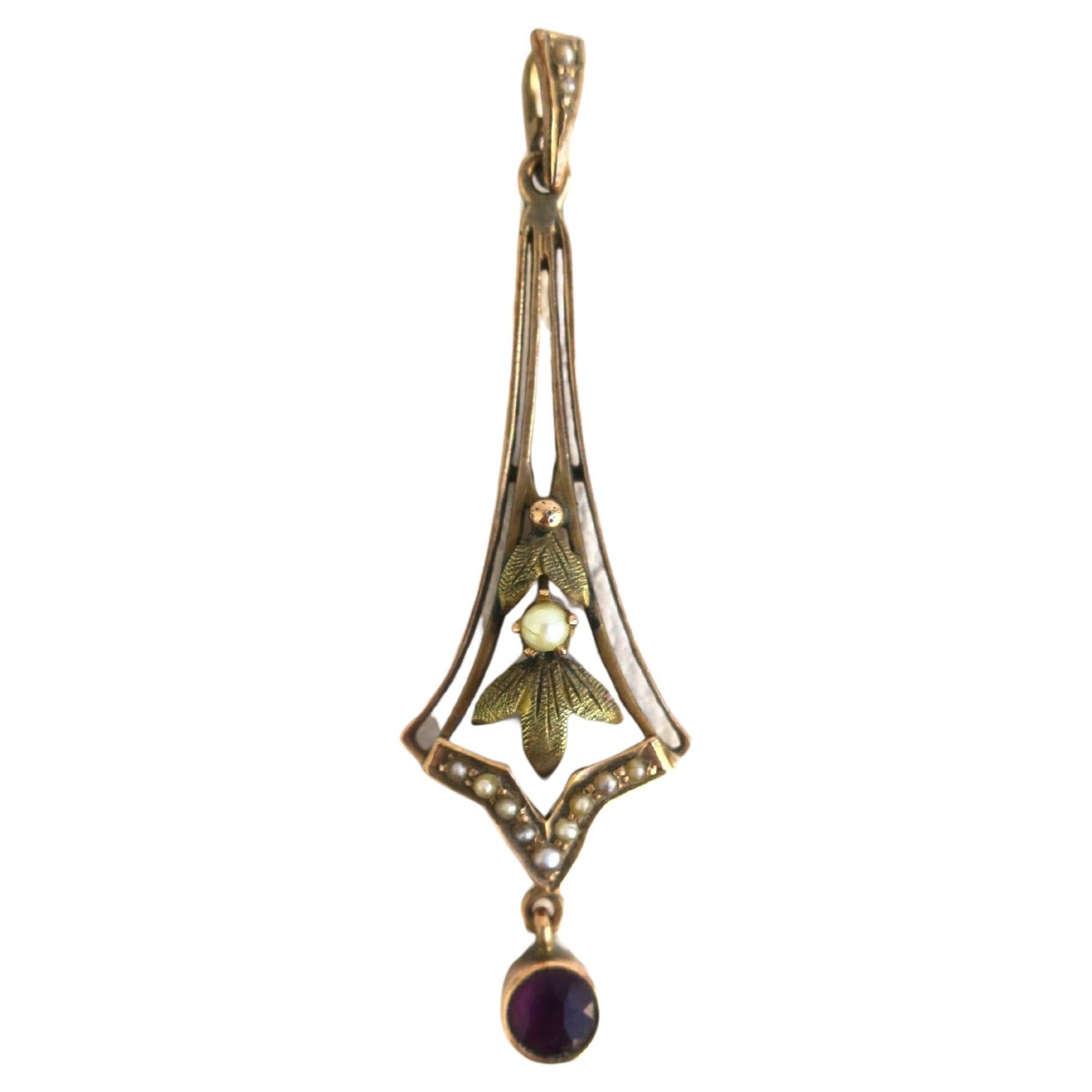 Art Nouveau 14 Karat Rose Gold Amethyst and Pearl Pendant Charm