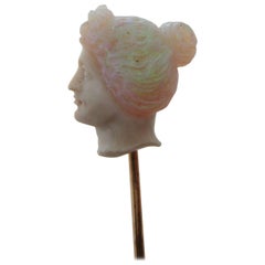 Antique Art Nouveau 14 Karat Rose Gold Carved Opal Bust Stick Pin