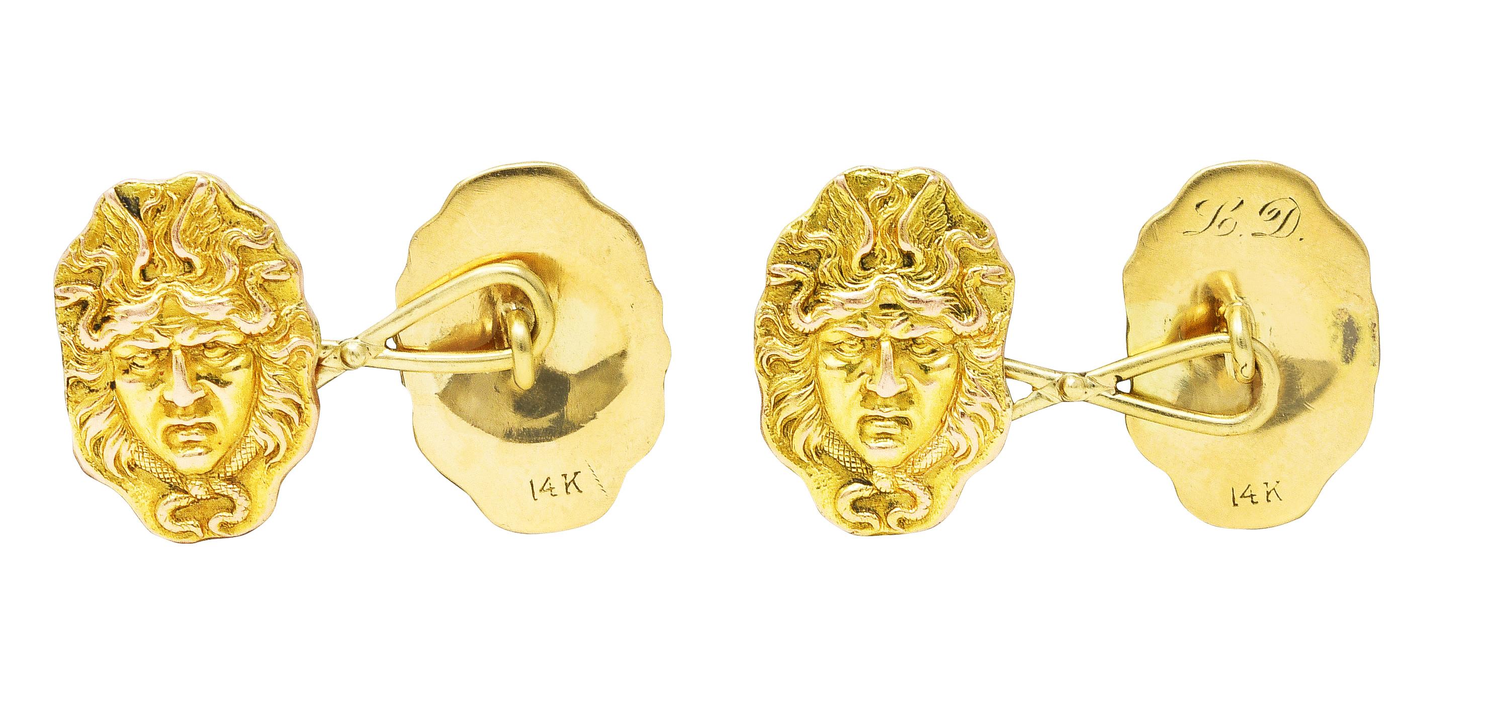 Victorian 14 Karat Two-Tone Gold Medusa Men's Antique Cufflinks 2