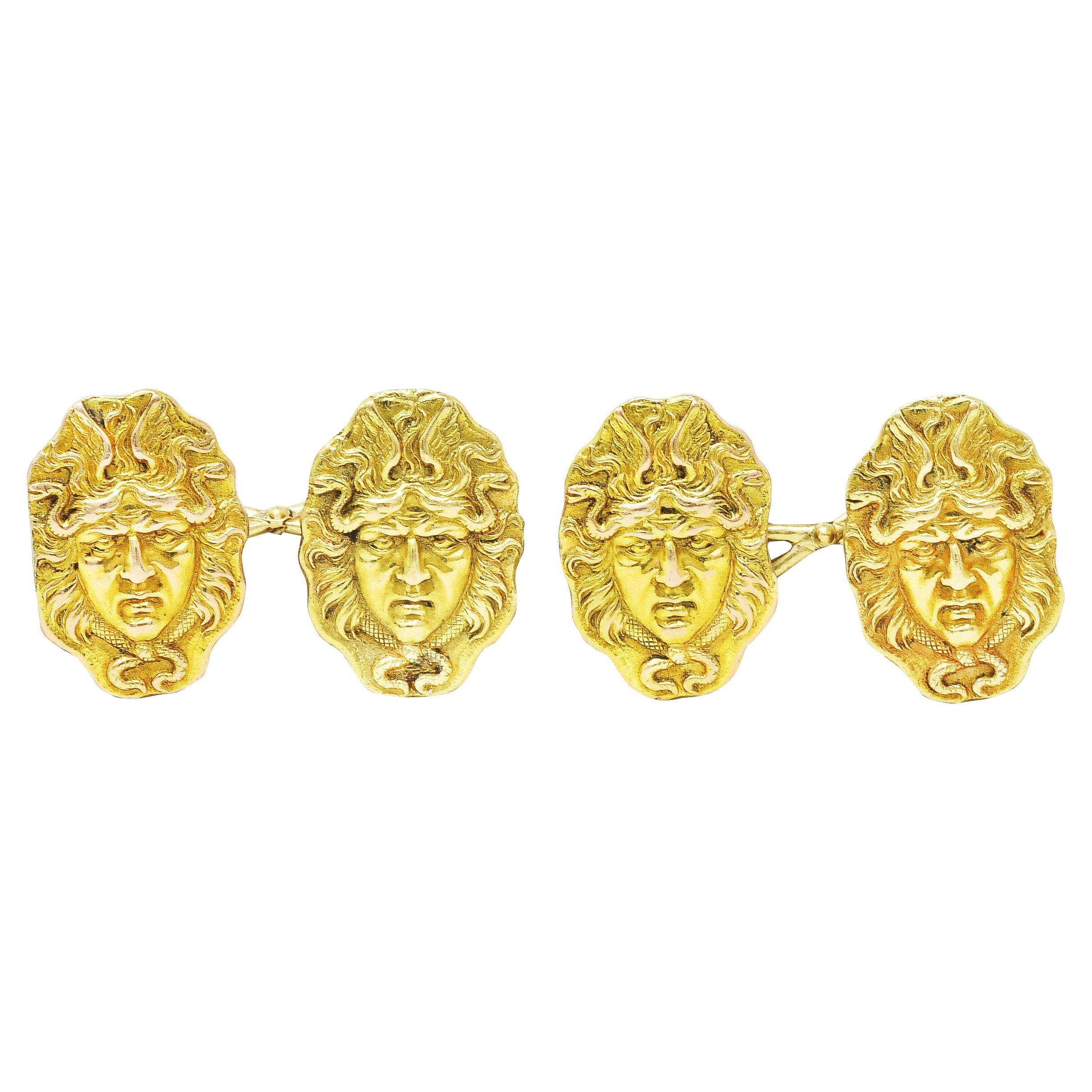 Victorian 14 Karat Two-Tone Gold Medusa Men's Antique Cufflinks