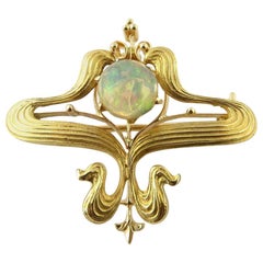 Art Nouveau 14 Karat Yellow Gold Cabochon Opal Pin or Pendant
