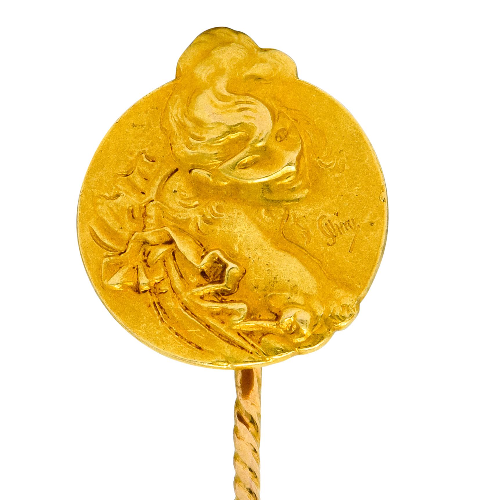 Art Nouveau 14 Karat Yellow Gold Masquerade Ball Stickpin 2