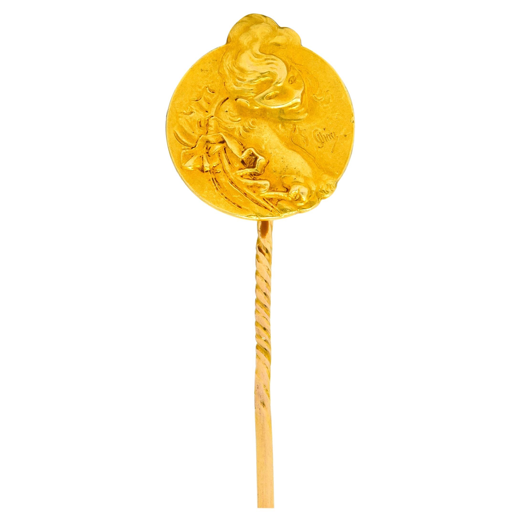 Art Nouveau 14 Karat Yellow Gold Masquerade Ball Stickpin