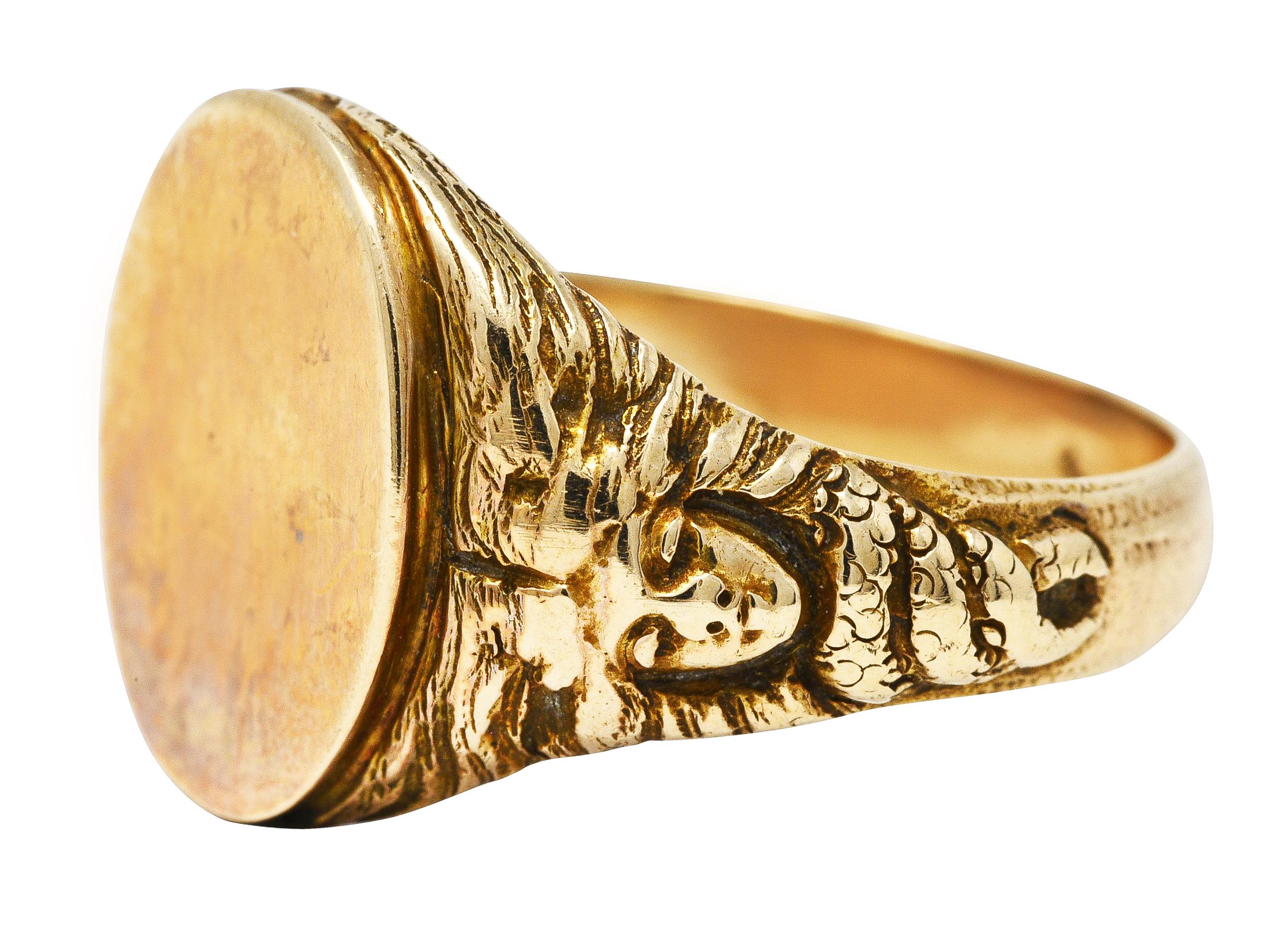 Art Nouveau 14 Karat Yellow Gold Medusa Snake Unisex Signet Antique Ring 2