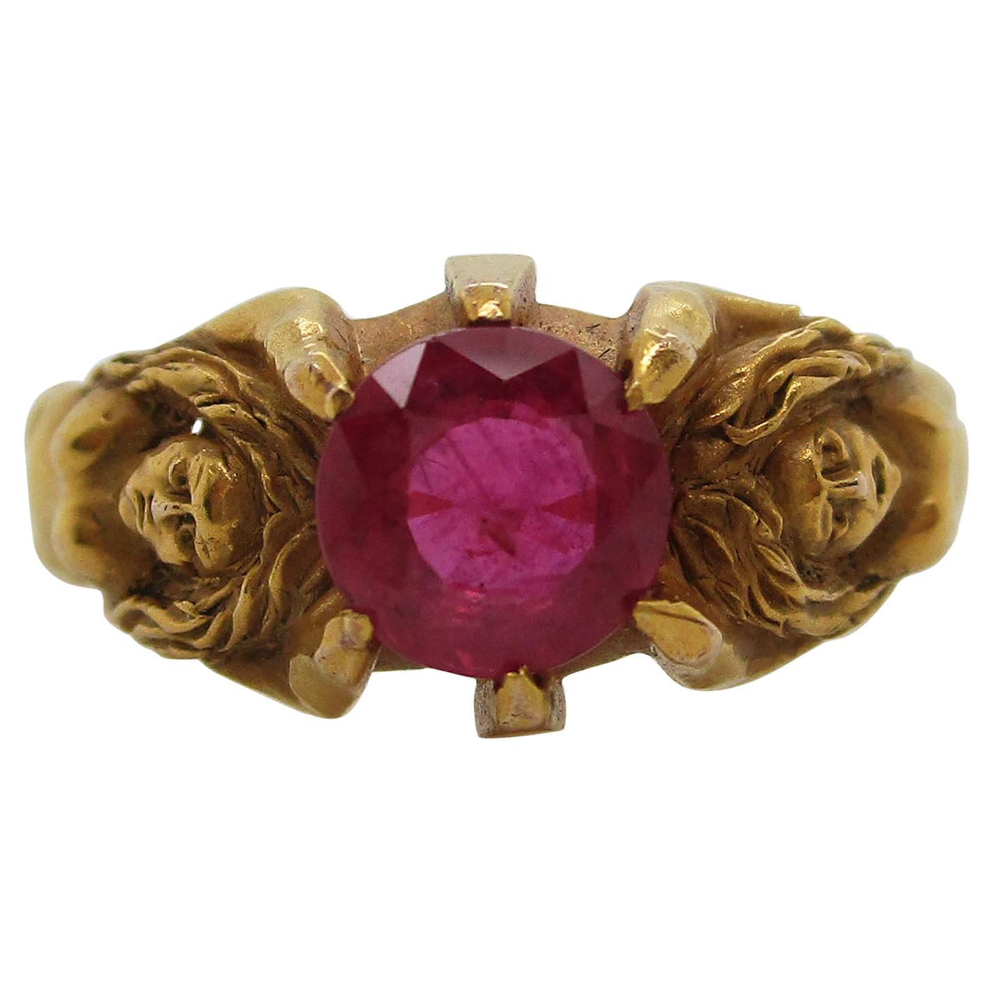 Art Nouveau 14 Karat Yellow Gold Mermaid Ruby Ring, circa 1890