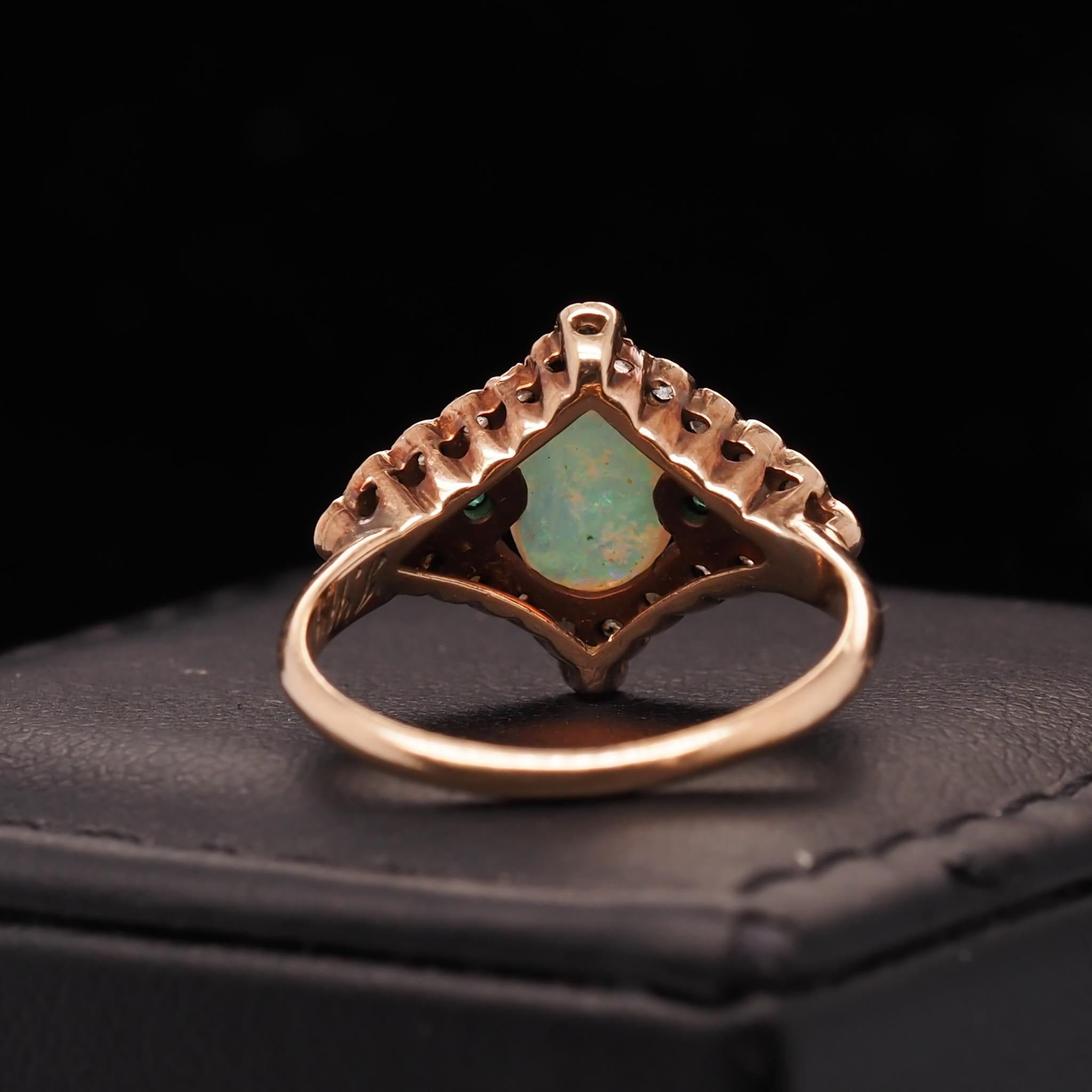 Art Nouveau 14 Karat Yellow Gold Opal, Emerald and Rose Cut Diamond Ring In Good Condition For Sale In Atlanta, GA