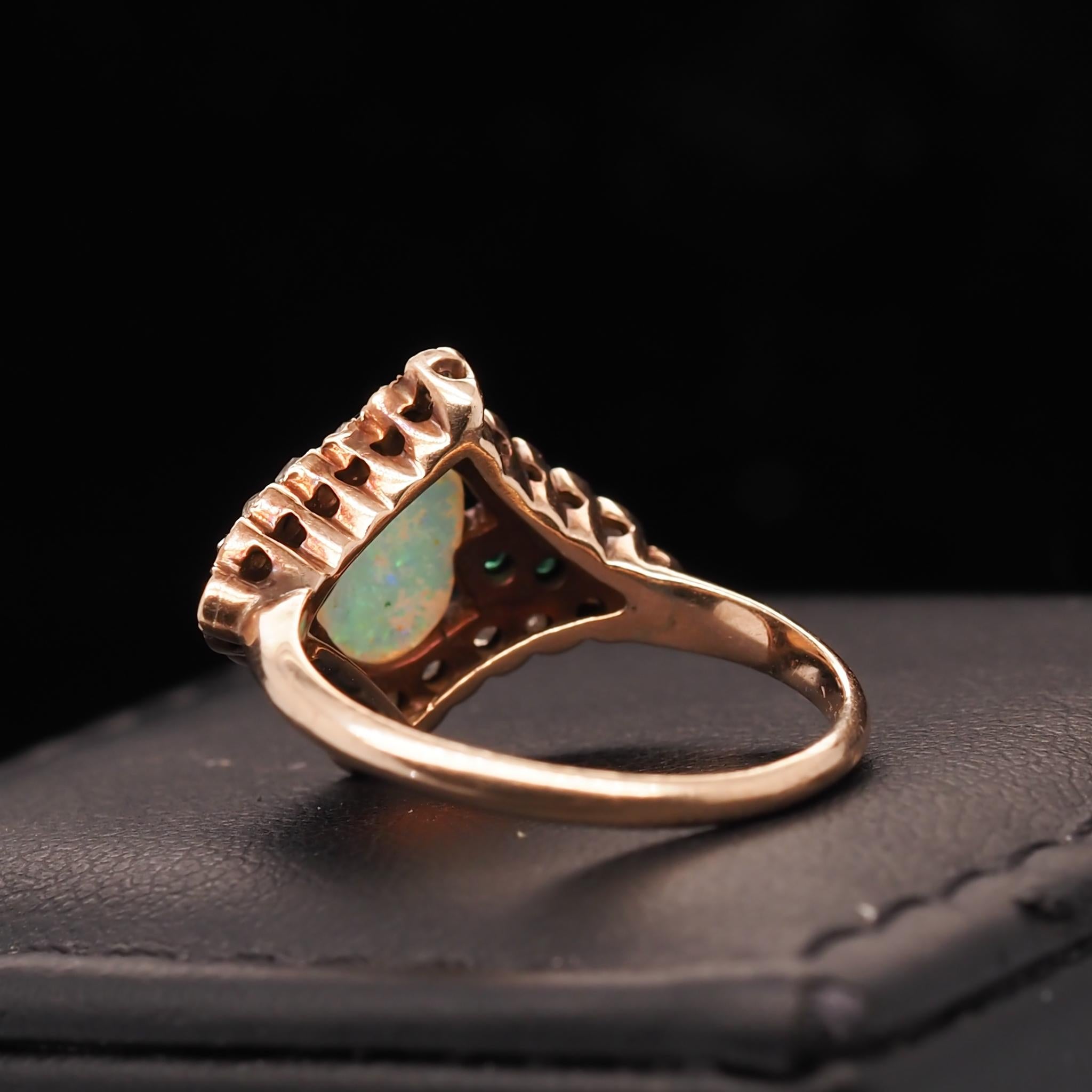 Women's or Men's Art Nouveau 14 Karat Yellow Gold Opal, Emerald and Rose Cut Diamond Ring For Sale