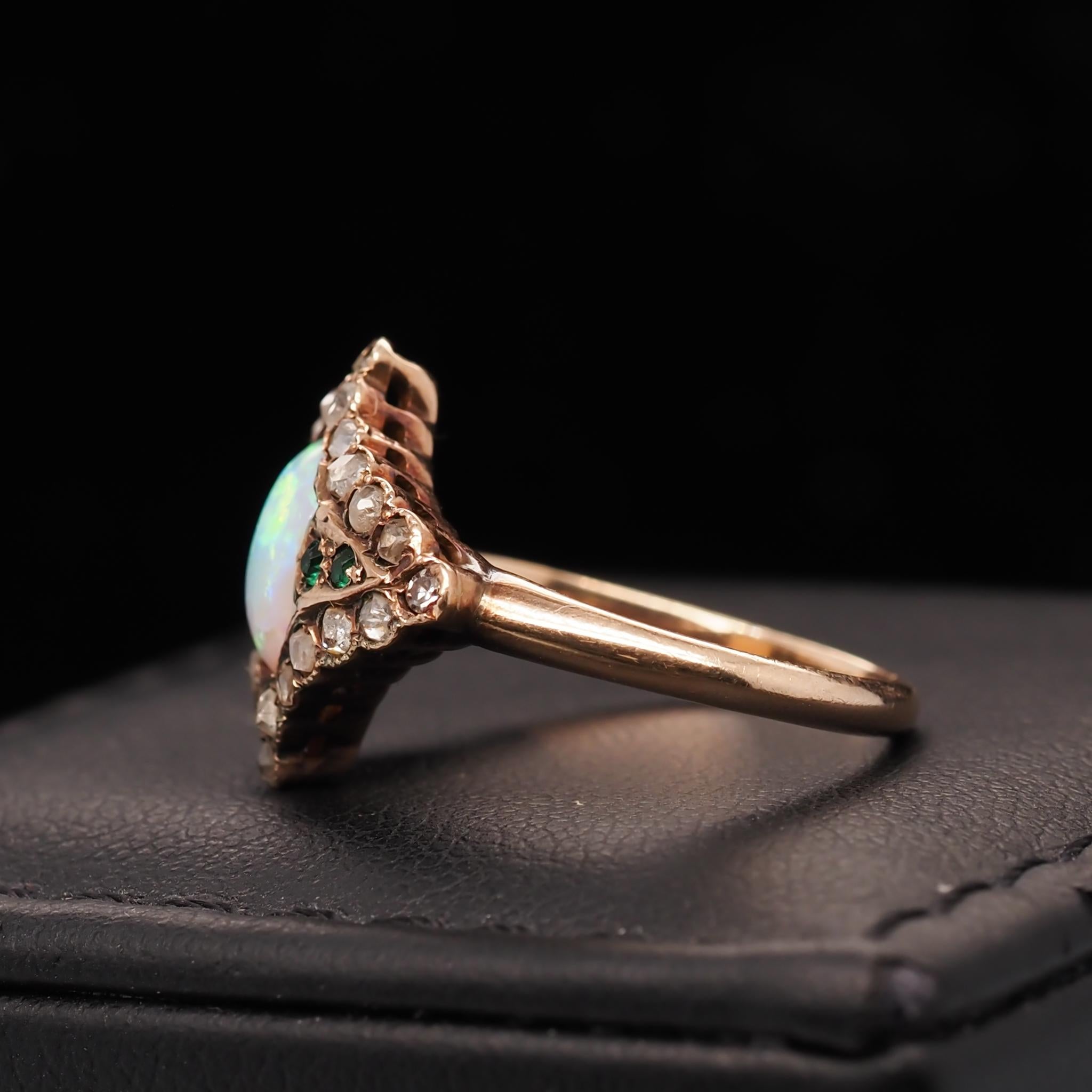 Art Nouveau 14 Karat Yellow Gold Opal, Emerald and Rose Cut Diamond Ring For Sale 1