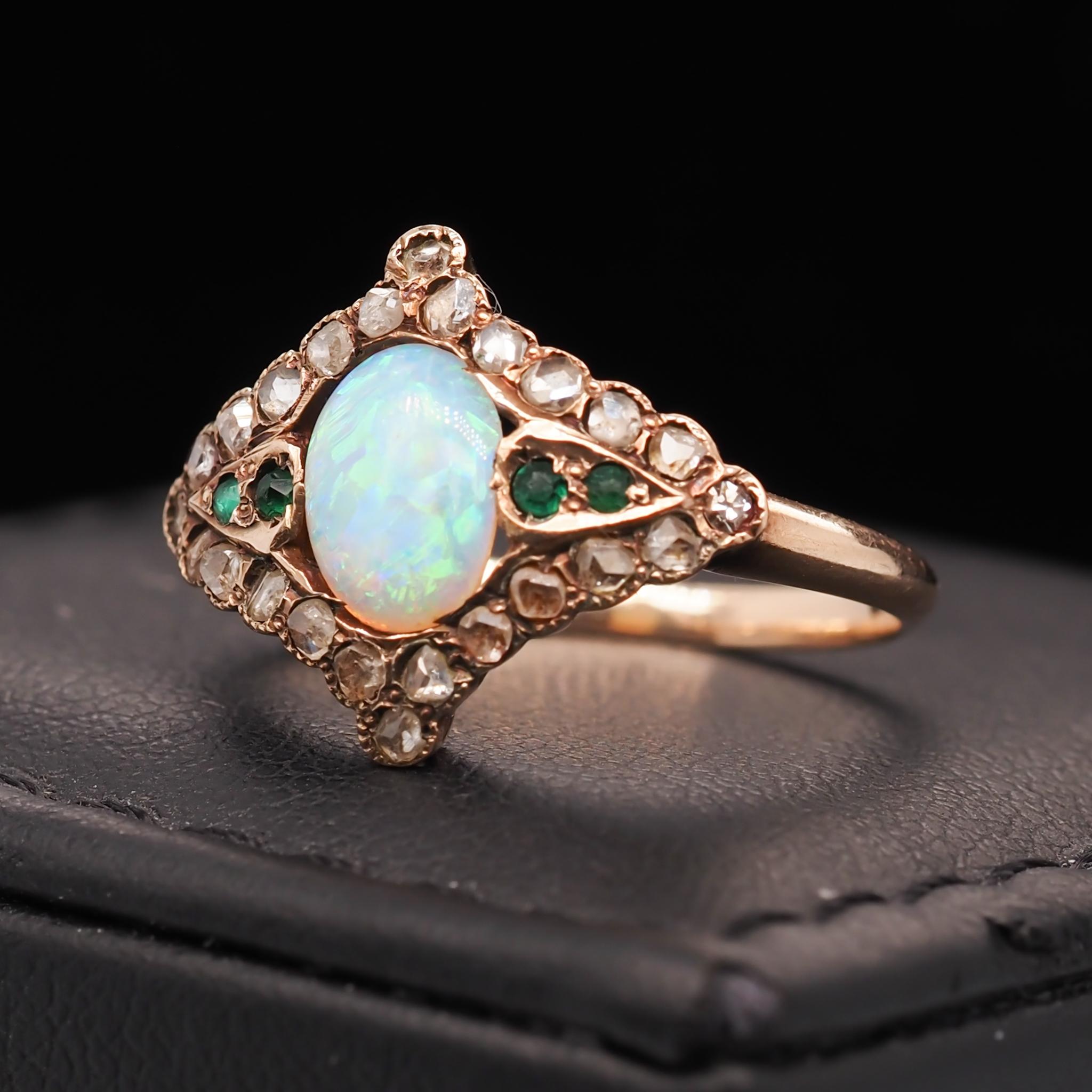 Art Nouveau 14 Karat Yellow Gold Opal, Emerald and Rose Cut Diamond Ring For Sale 2