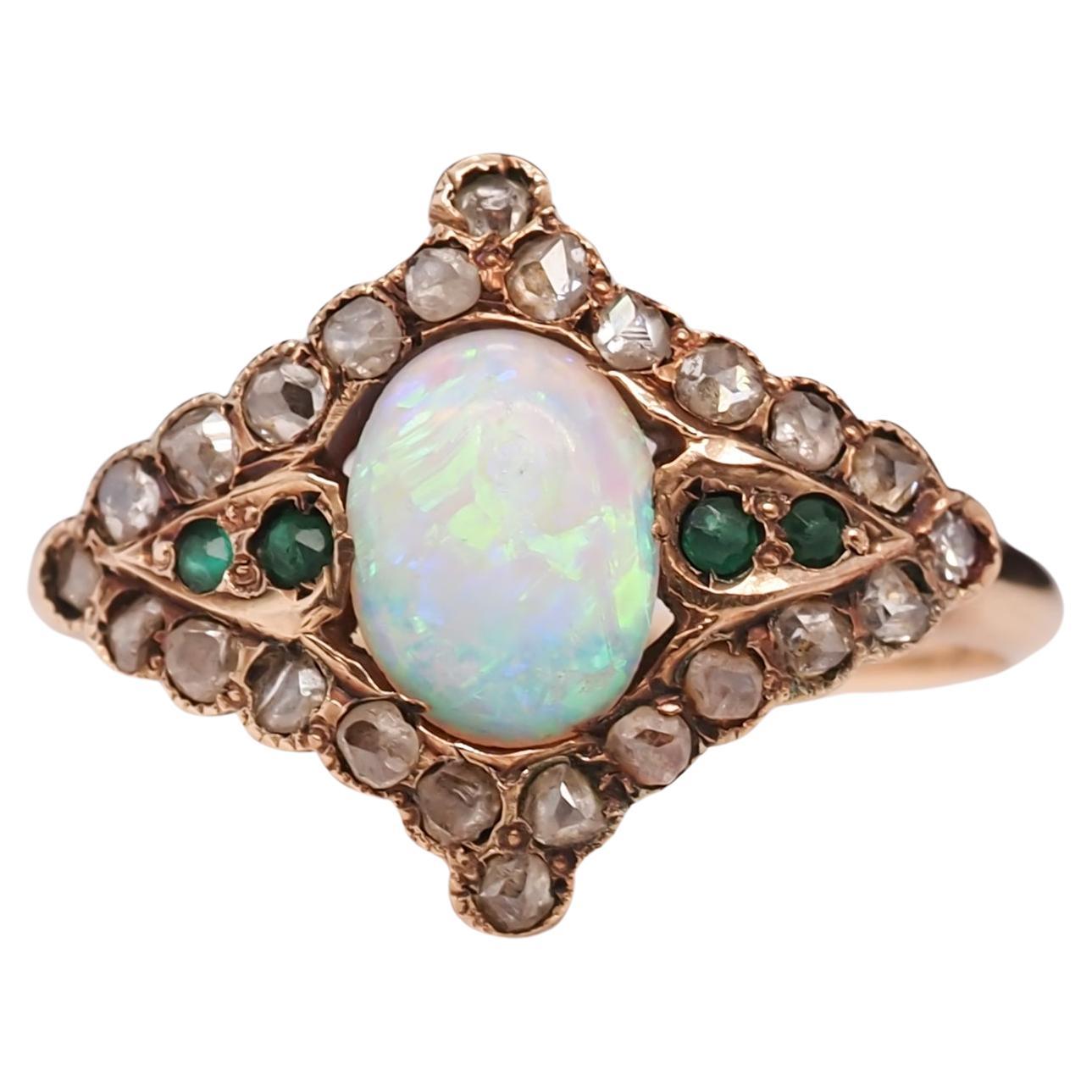 Art Nouveau 14 Karat Yellow Gold Opal, Emerald and Rose Cut Diamond Ring
