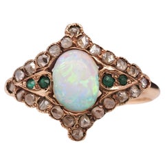 Antique Art Nouveau 14 Karat Yellow Gold Opal, Emerald and Rose Cut Diamond Ring