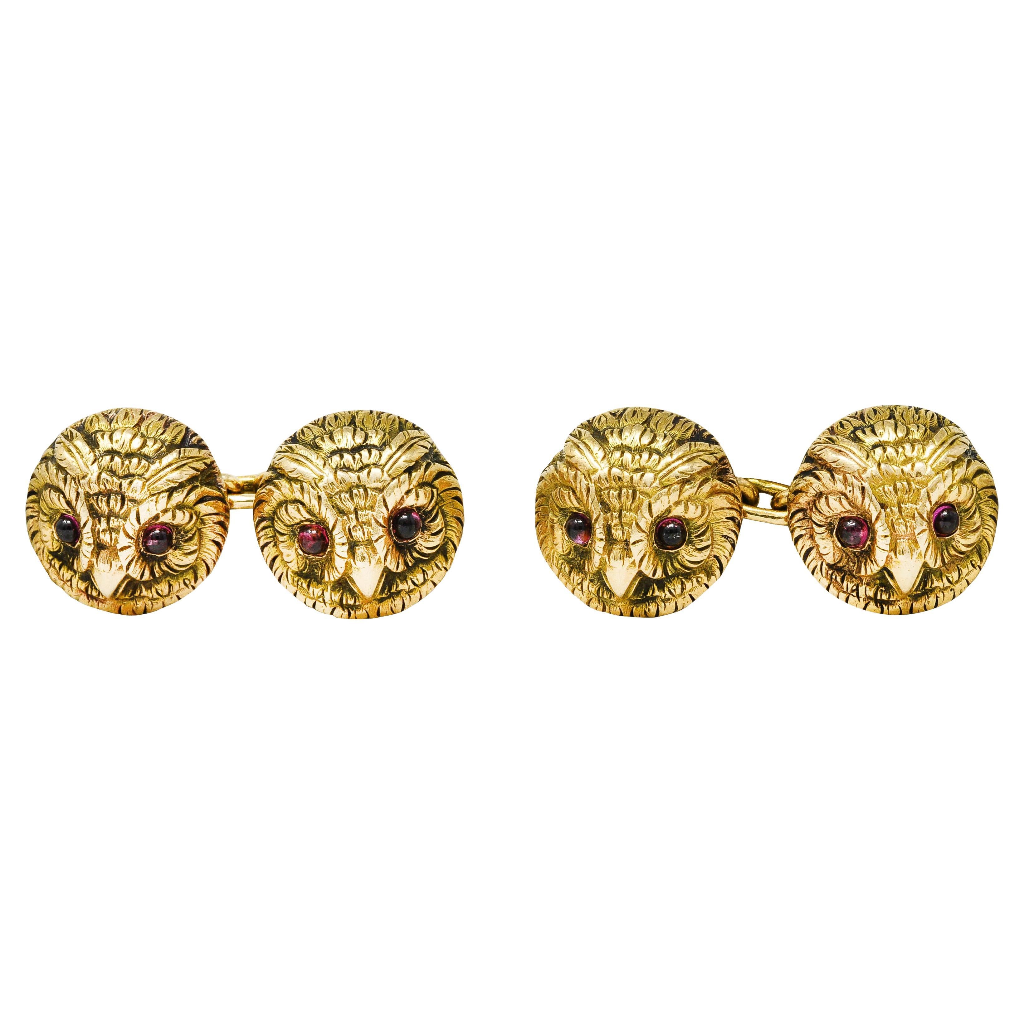 Art Nouveau 14 Karat Yellow Gold Owl Antique Cufflinks