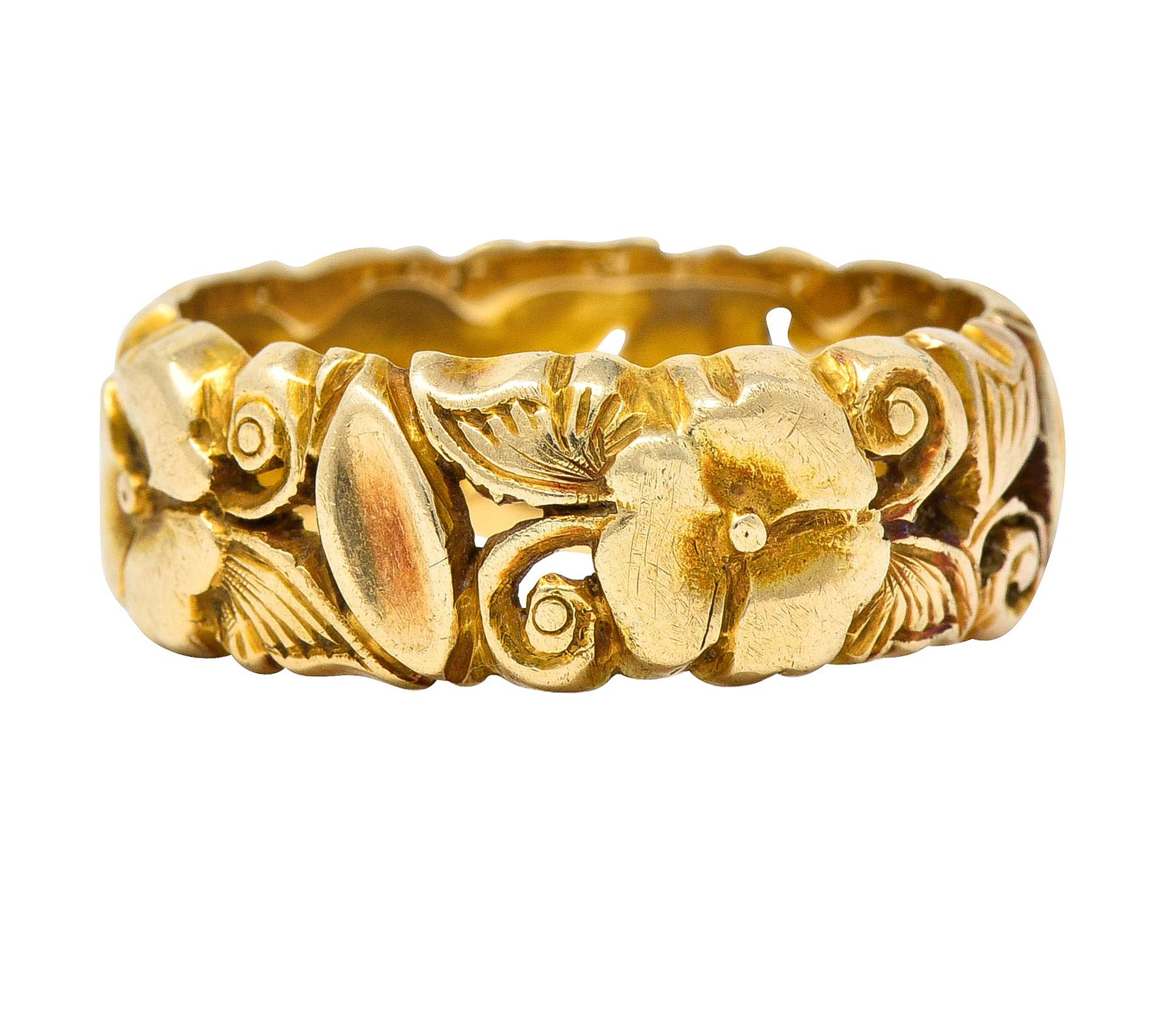 Art Nouveau 14 Karat Yellow Gold Pansy Antique Floral Eternity Band Ring In Excellent Condition In Philadelphia, PA