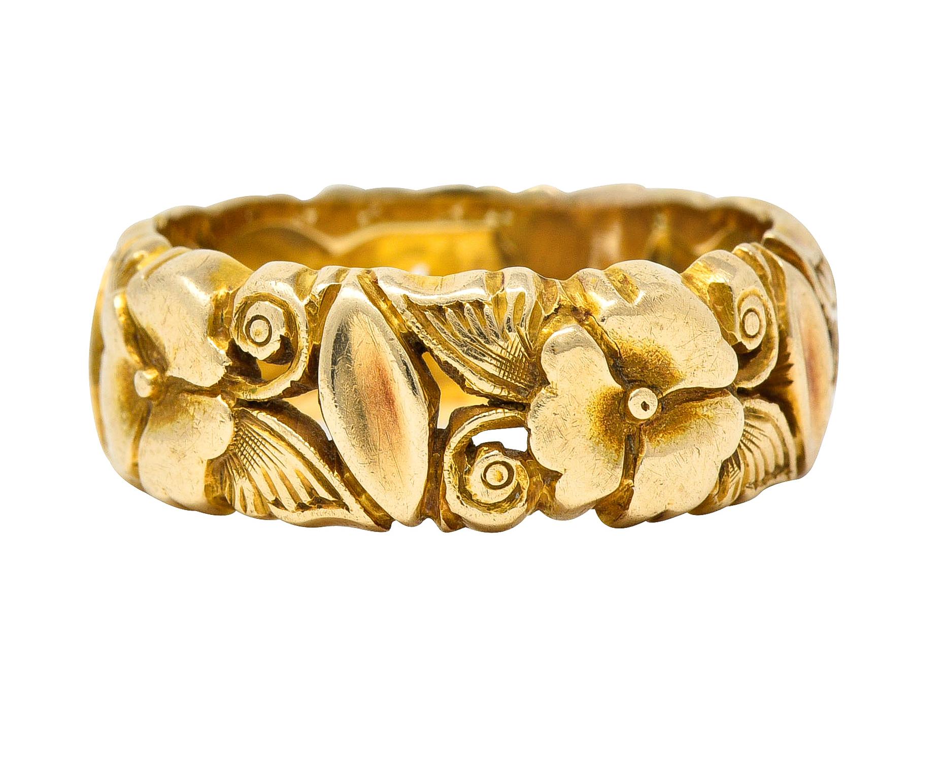 Women's or Men's Art Nouveau 14 Karat Yellow Gold Pansy Antique Floral Eternity Band Ring